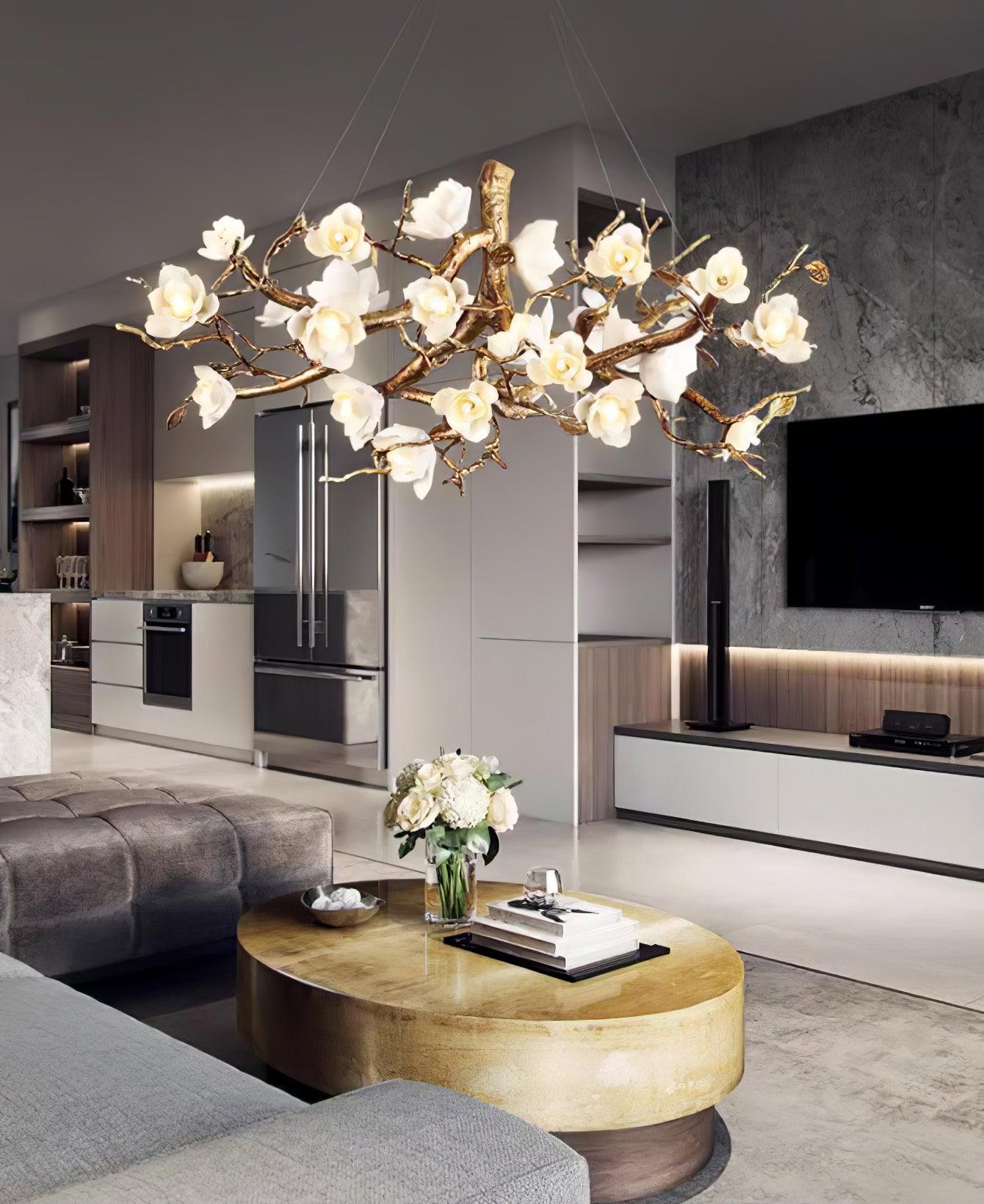 Elegant Brass Branch Ceiling Chandelier with White Ceramic Flowers for Luxury Interior Lighting
