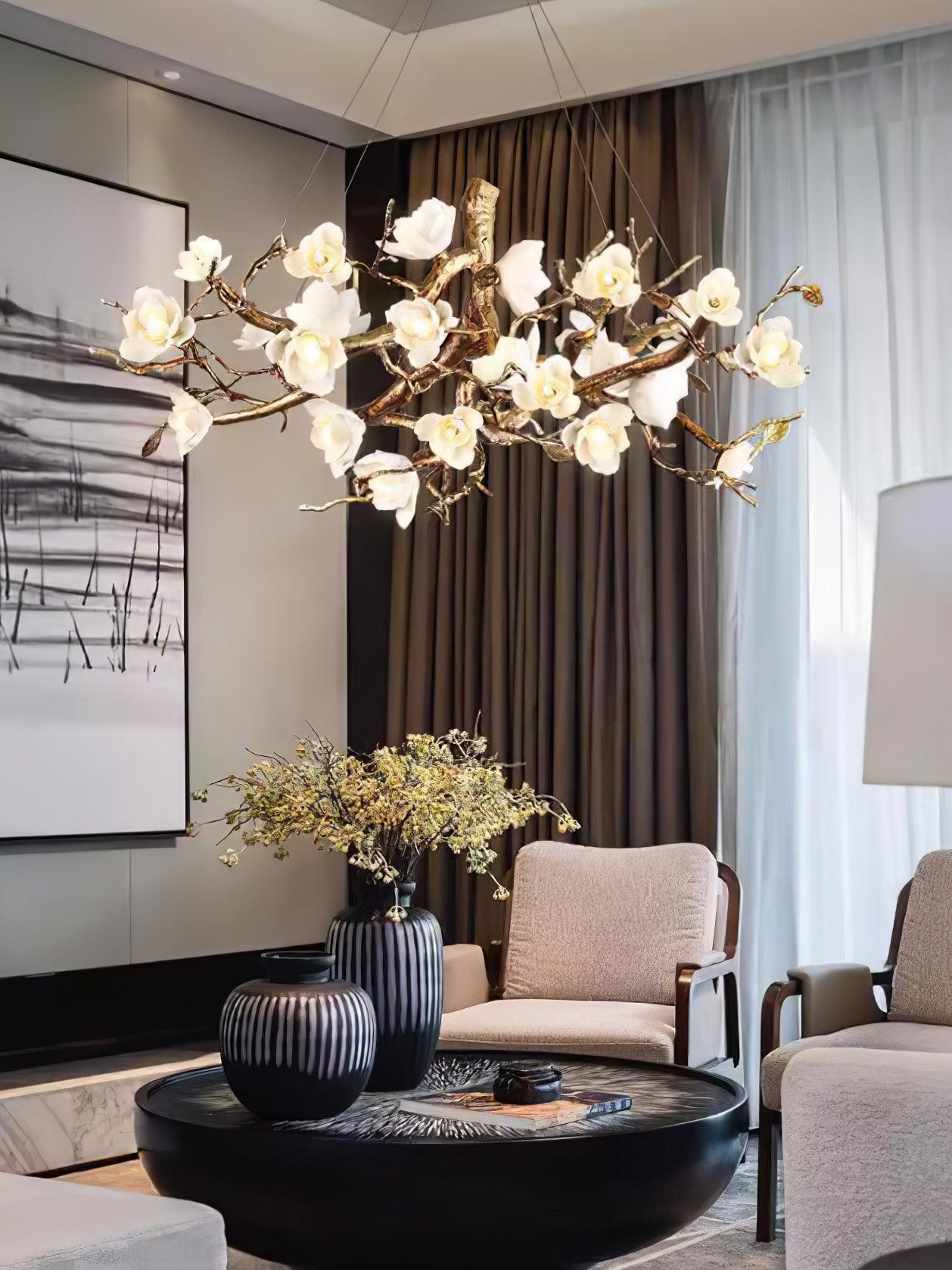 Elegant Brass Branch Ceiling Chandelier with White Ceramic Flowers for Luxury Interior Lighting