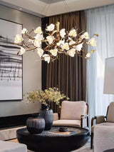 Elegant Brass Branch Ceiling Chandelier with White Ceramic Flowers for Luxury Interior Lighting