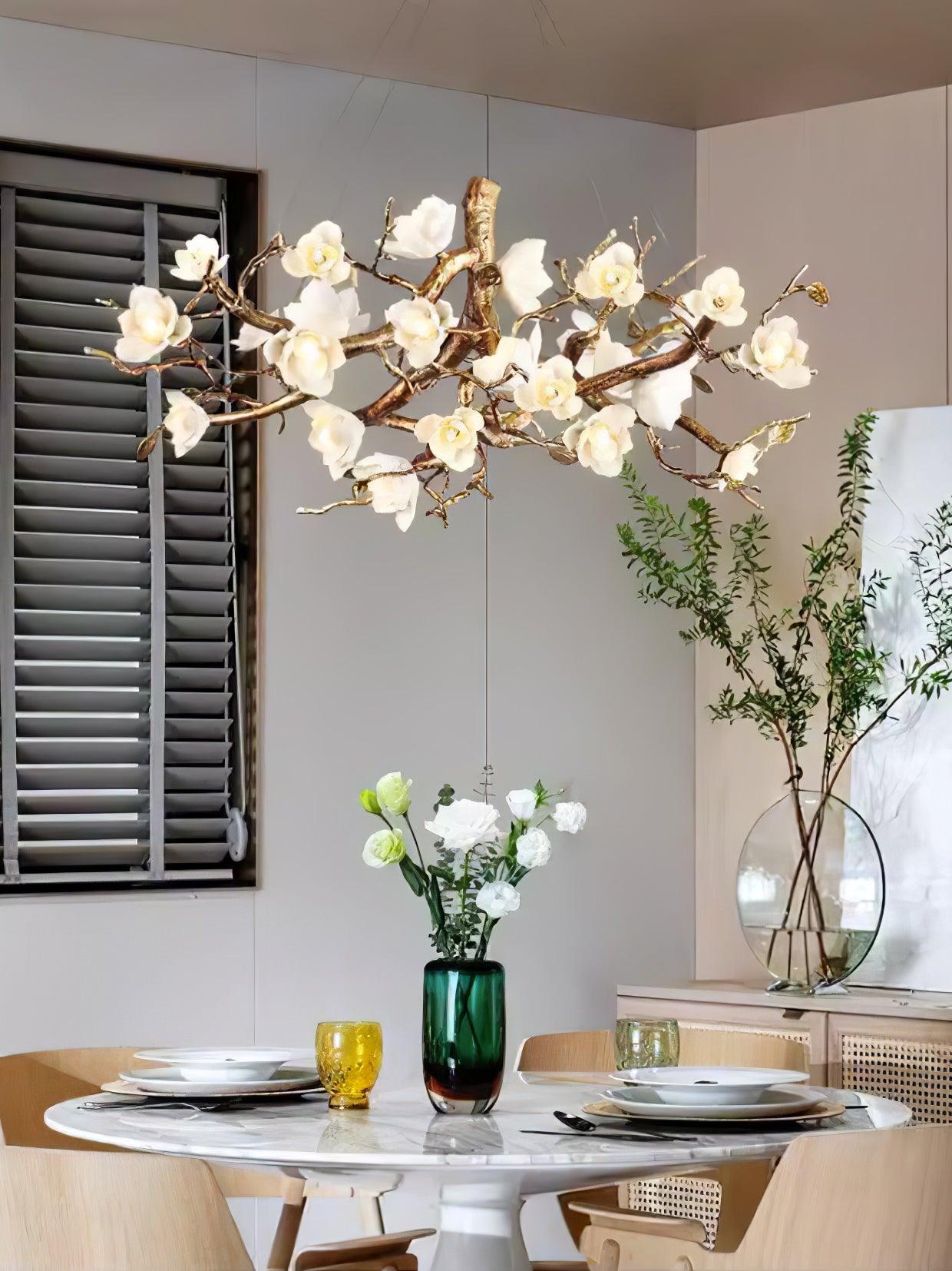 Elegant Brass Branch Ceiling Chandelier with White Ceramic Flowers for Luxury Interior Lighting