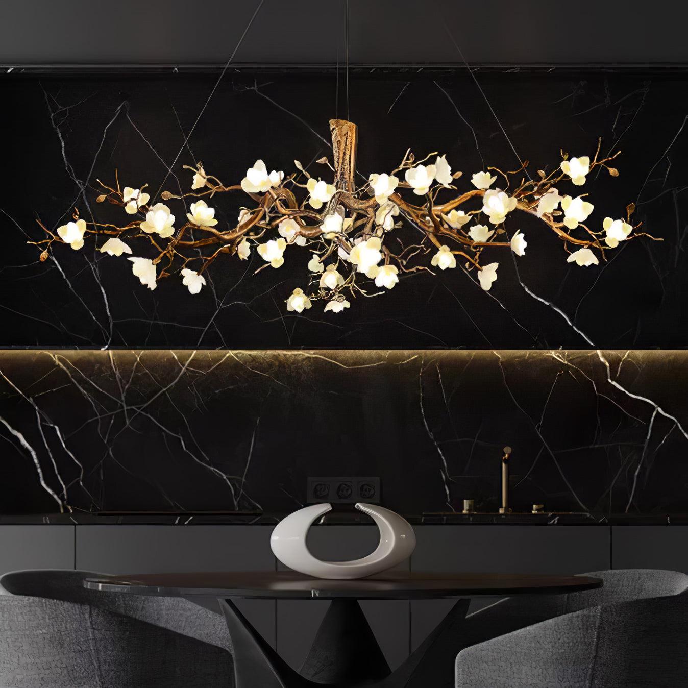 Elegant Brass Branch Ceiling Chandelier with White Ceramic Flowers for Luxury Interior Lighting