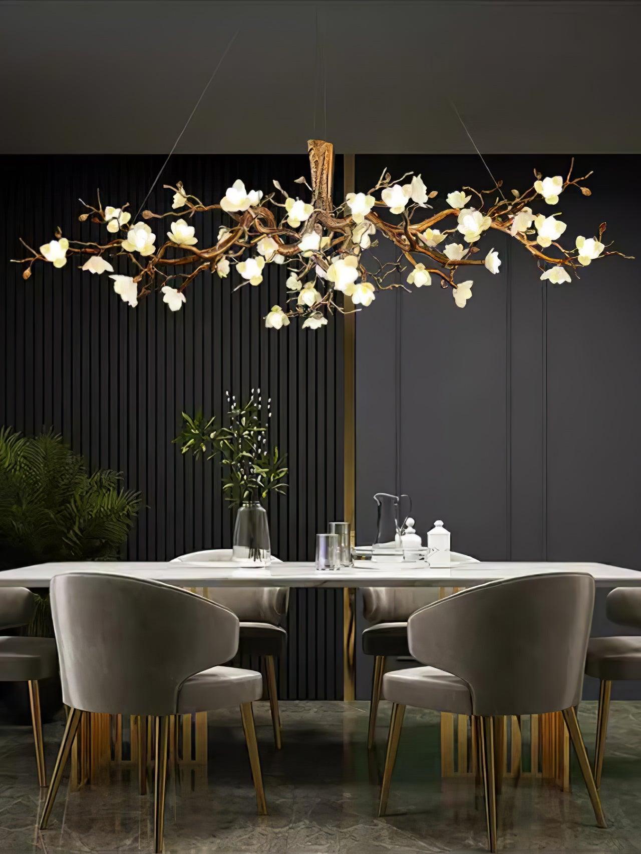 Elegant Brass Branch Ceiling Chandelier with White Ceramic Flowers for Luxury Interior Lighting