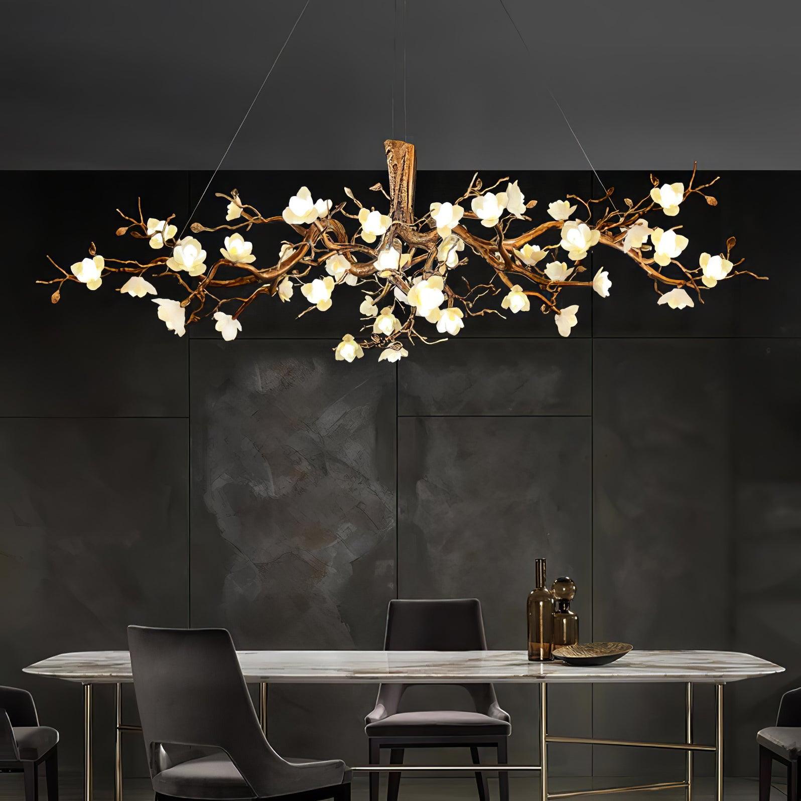 Elegant Brass Branch Ceiling Chandelier with White Ceramic Flowers for Luxury Interior Lighting