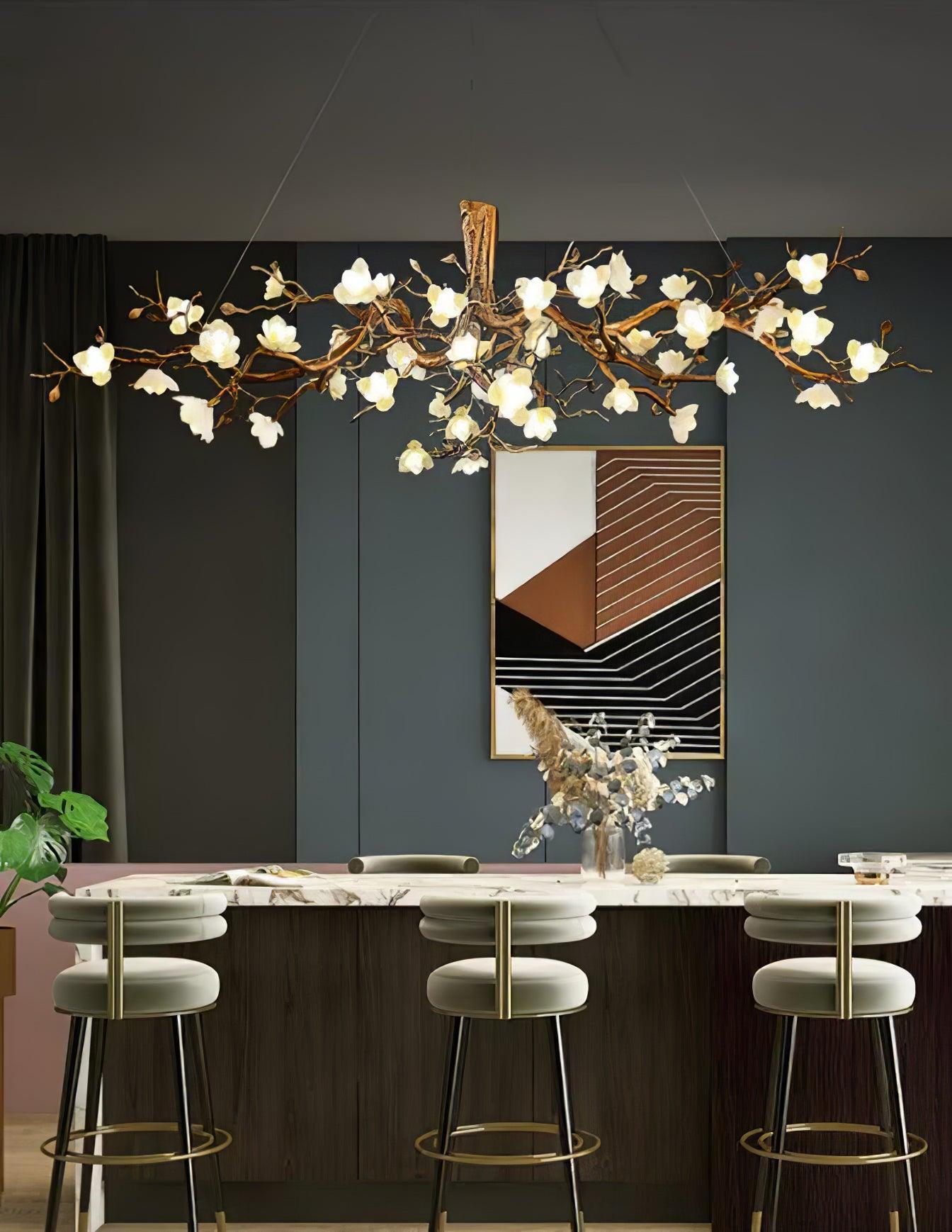 Elegant Brass Branch Ceiling Chandelier with White Ceramic Flowers for Luxury Interior Lighting