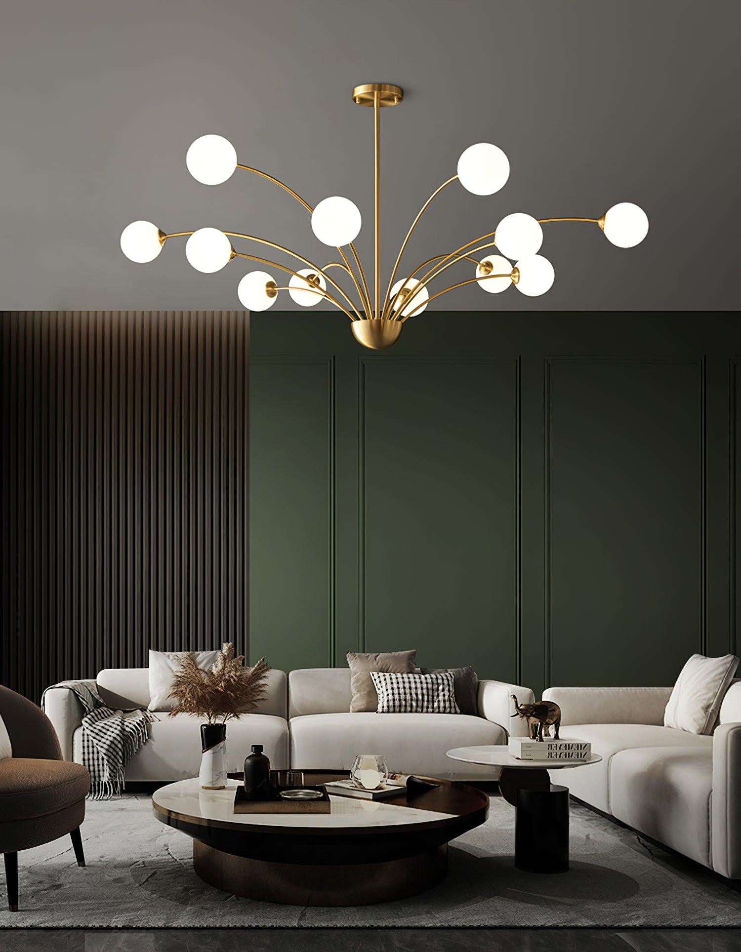 Elegant Brass Ceiling Light Fixture with Multiple Opaque White Glass Globes