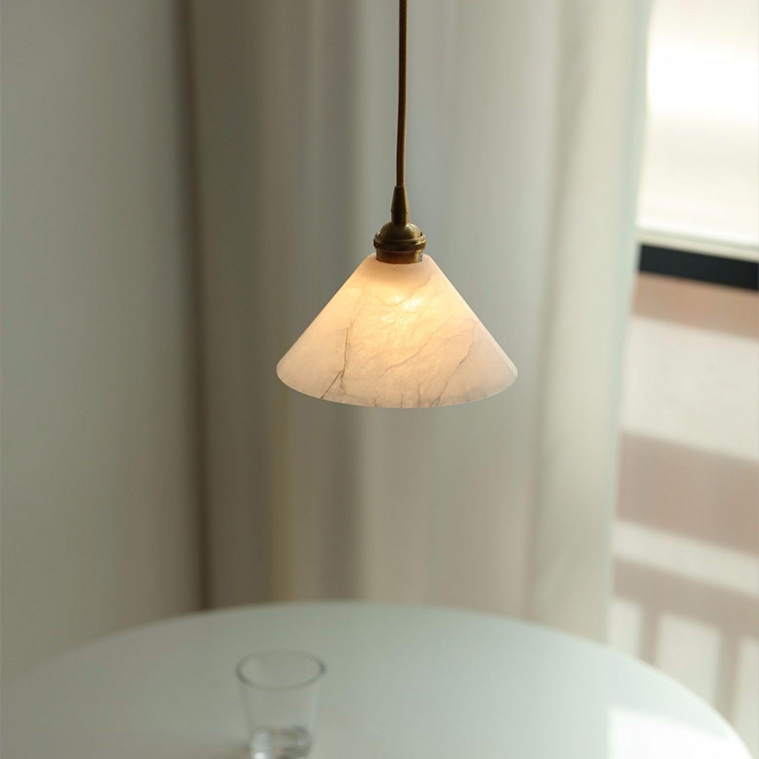Elegant Brass Cone Pendant Lamp with Natural Alabaster Stone Shade LED Lighting