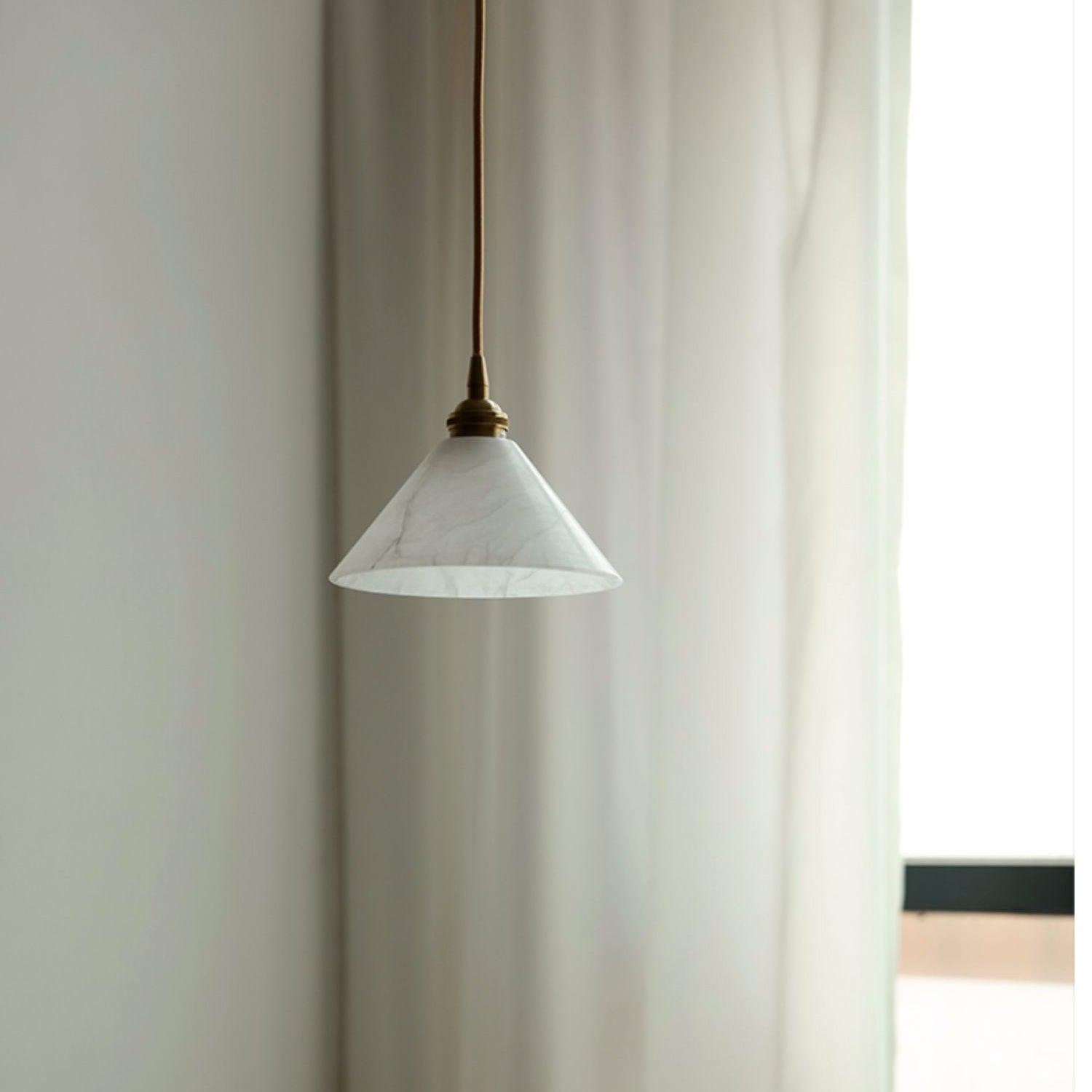 Elegant Brass Cone Pendant Lamp with Natural Alabaster Stone Shade LED Lighting