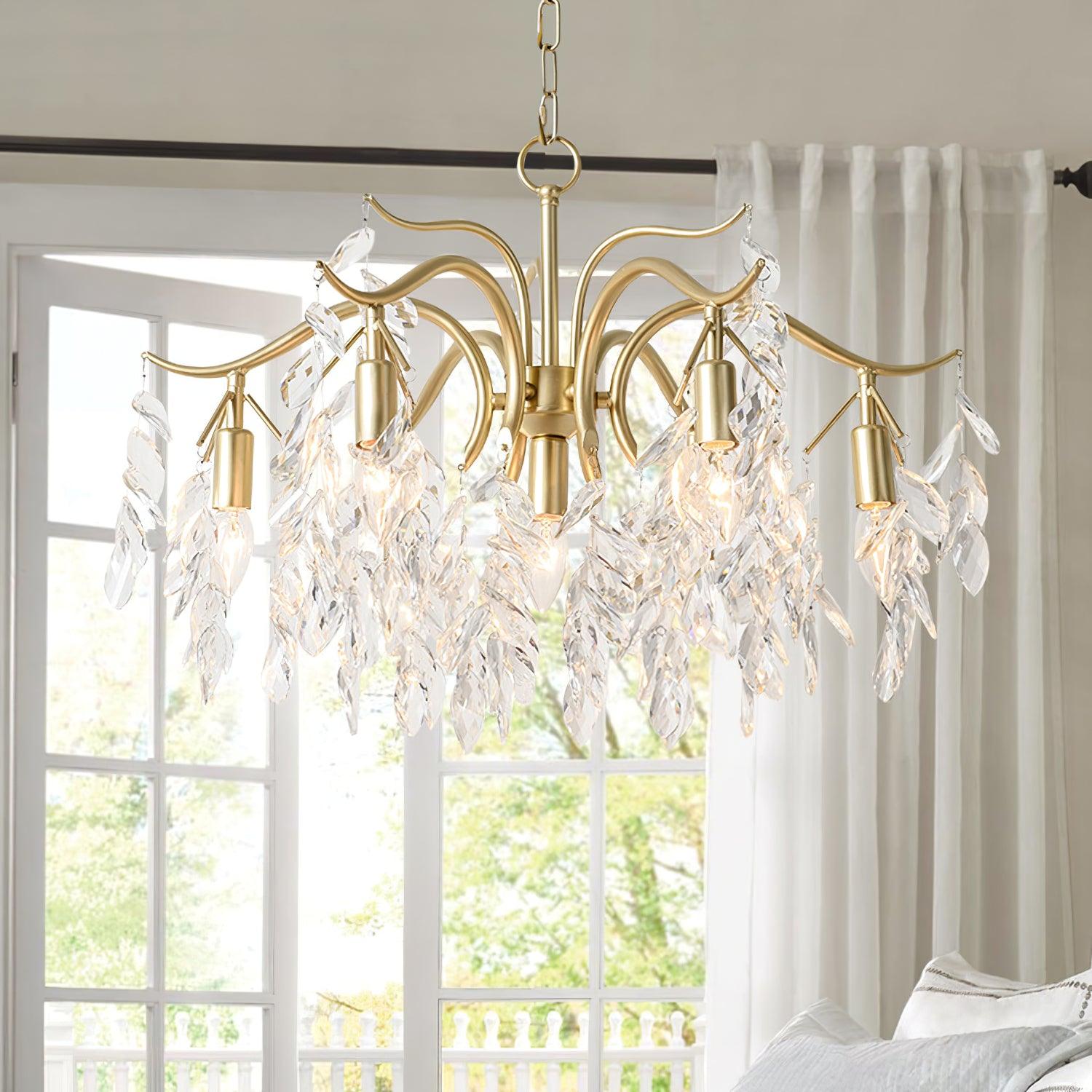 Elegant Brass Crown Crystal Chandelier Luxury Hanging Ceiling Light for Foyer and Living Room