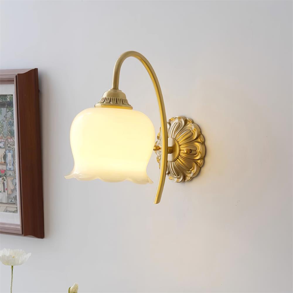 Elegant Brass Flower Wall Sconce with Resin Orchid Details for Living Room and Bedside