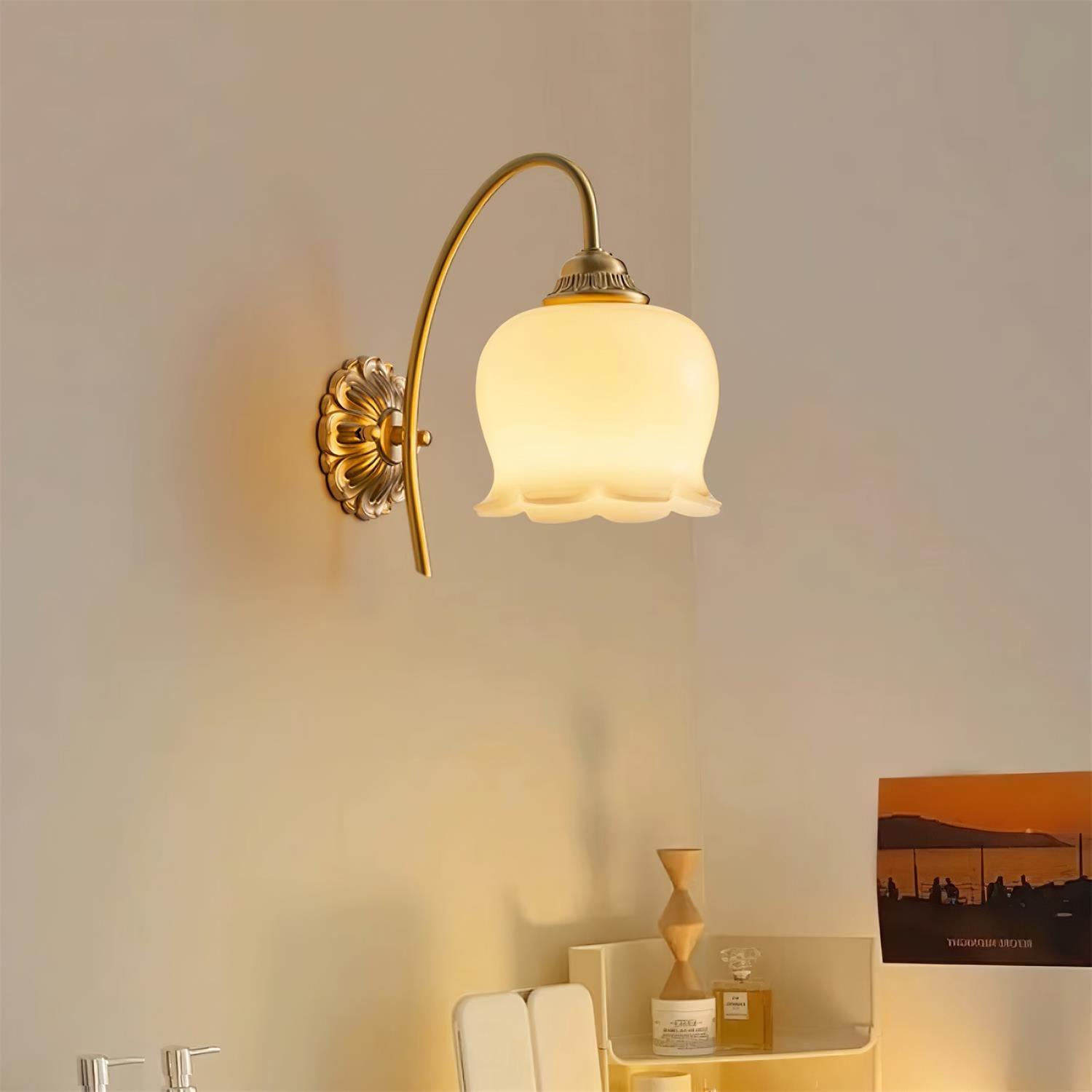 Elegant Brass Flower Wall Sconce with Resin Orchid Details for Living Room and Bedside