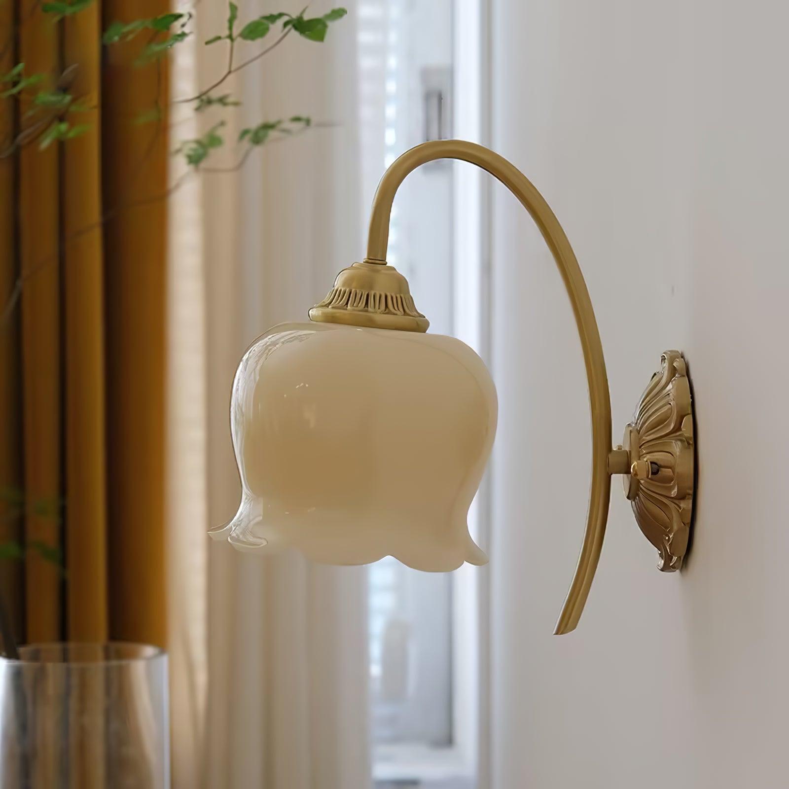 Elegant Brass Flower Wall Sconce with Resin Orchid Details for Living Room and Bedside