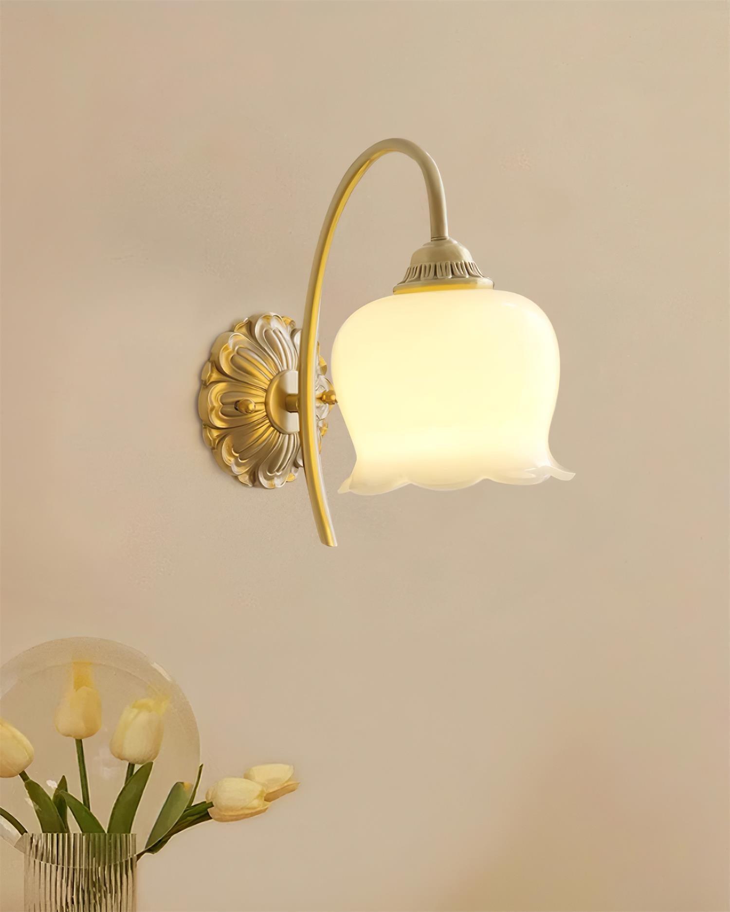 Elegant Brass Flower Wall Sconce with Resin Orchid Details for Living Room and Bedside