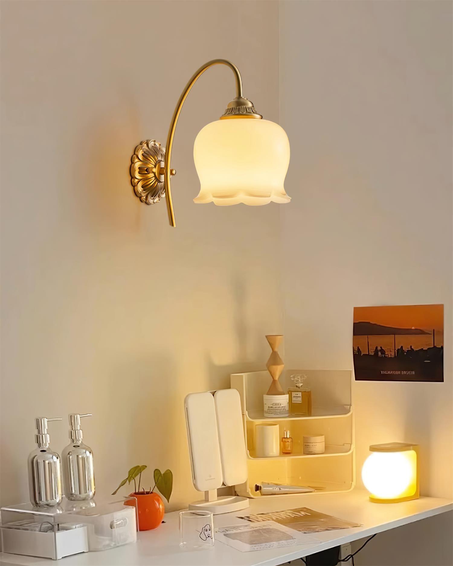Elegant Brass Flower Wall Sconce with Resin Orchid Details for Living Room and Bedside