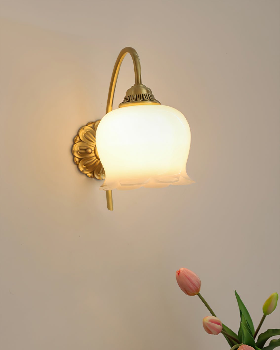 Elegant Brass Flower Wall Sconce with Resin Orchid Details for Living Room and Bedside