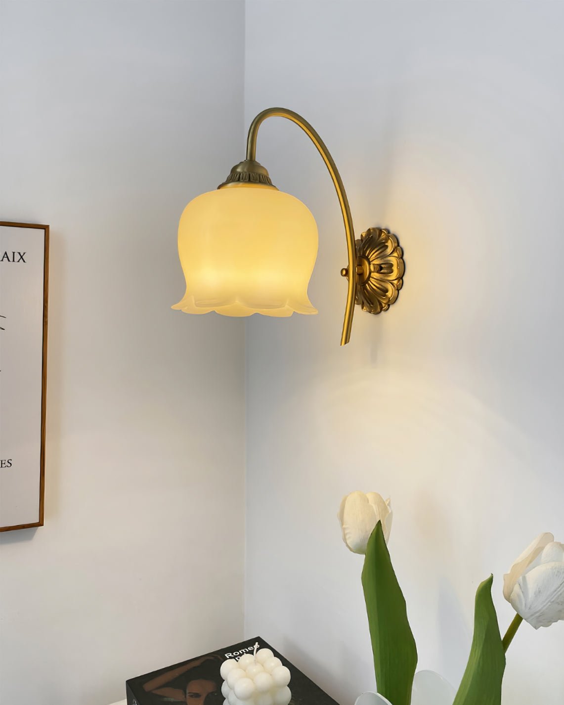 Elegant Brass Flower Wall Sconce with Resin Orchid Details for Living Room and Bedside