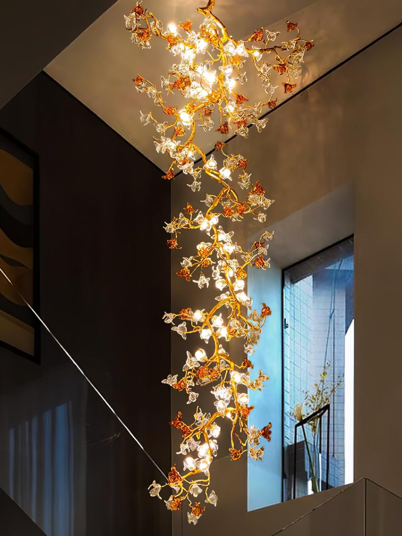 Elegant Brass Maple Leaf Branch Chandelier with Crystal Accents for Dining and Living Rooms