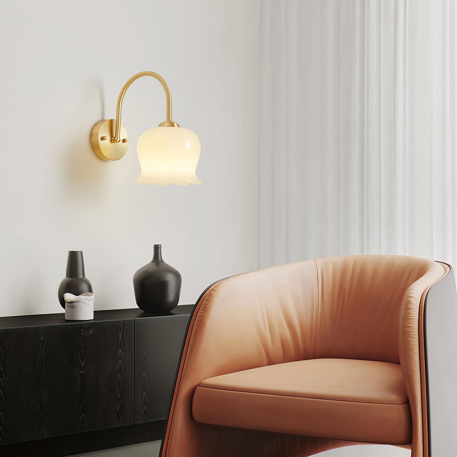 Elegant Brass Orchids Wall Sconce with White Glass Shade for Living Room and Hallway