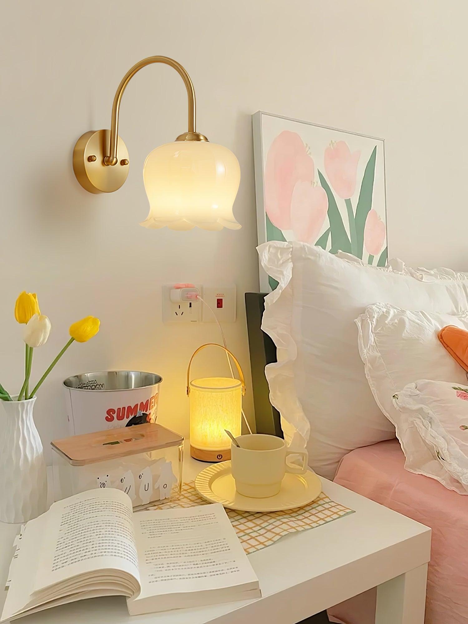 Elegant Brass Orchids Wall Sconce with White Glass Shade for Living Room and Hallway