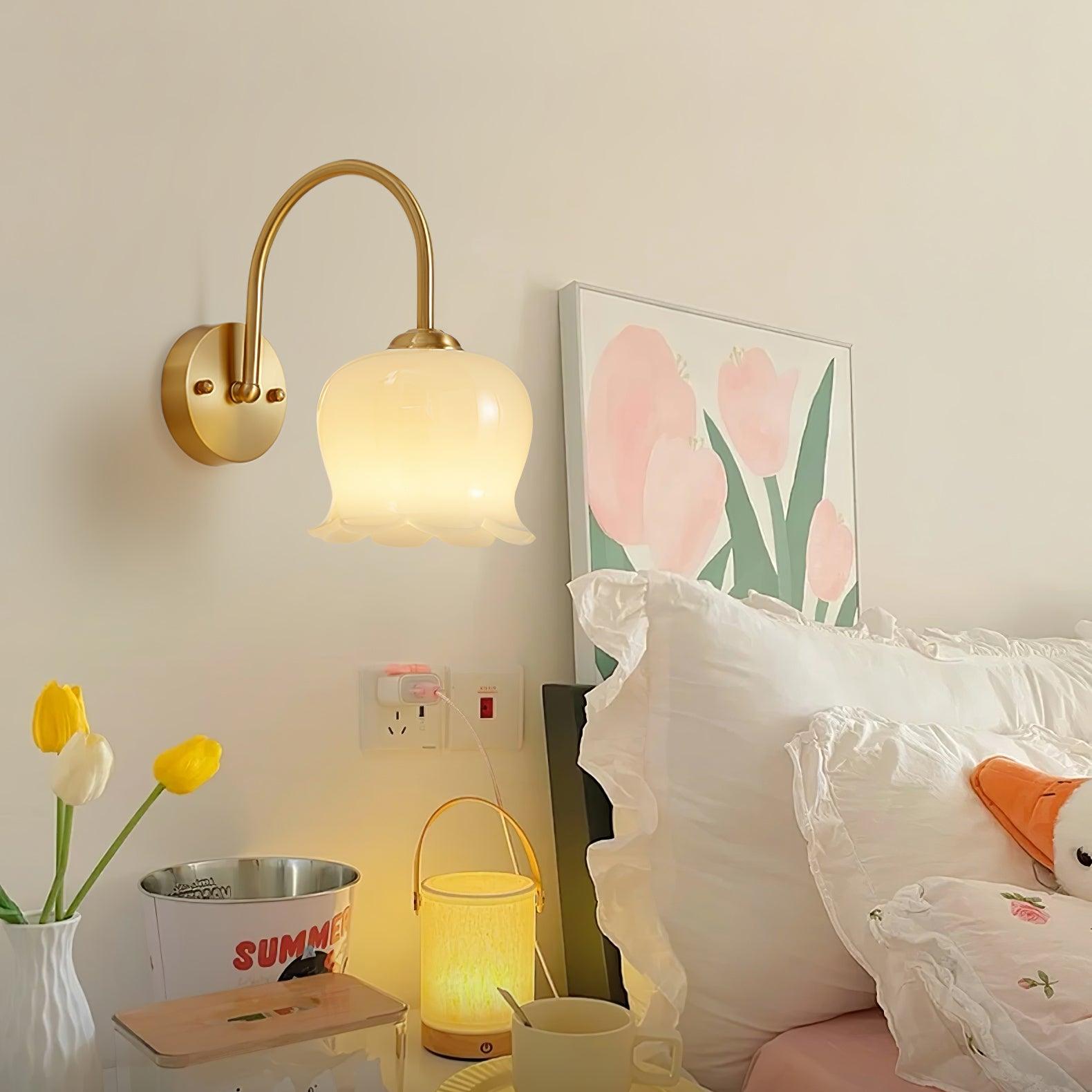 Elegant Brass Orchids Wall Sconce with White Glass Shade for Living Room and Hallway