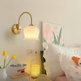Elegant Brass Orchids Wall Sconce with White Glass Shade for Living Room and Hallway