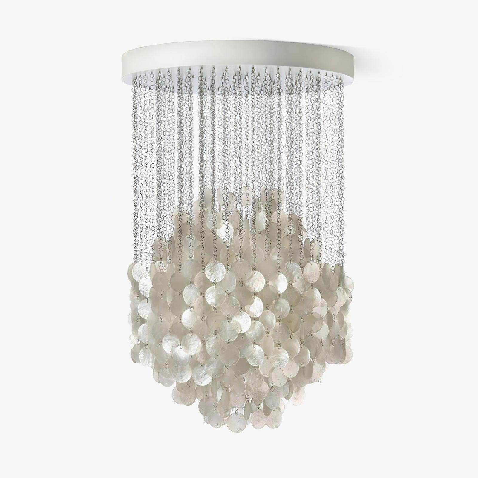 Elegant Coastal Shell Waterfall Chandelier with Cascading White Shell Discs for High Ceiling Spaces