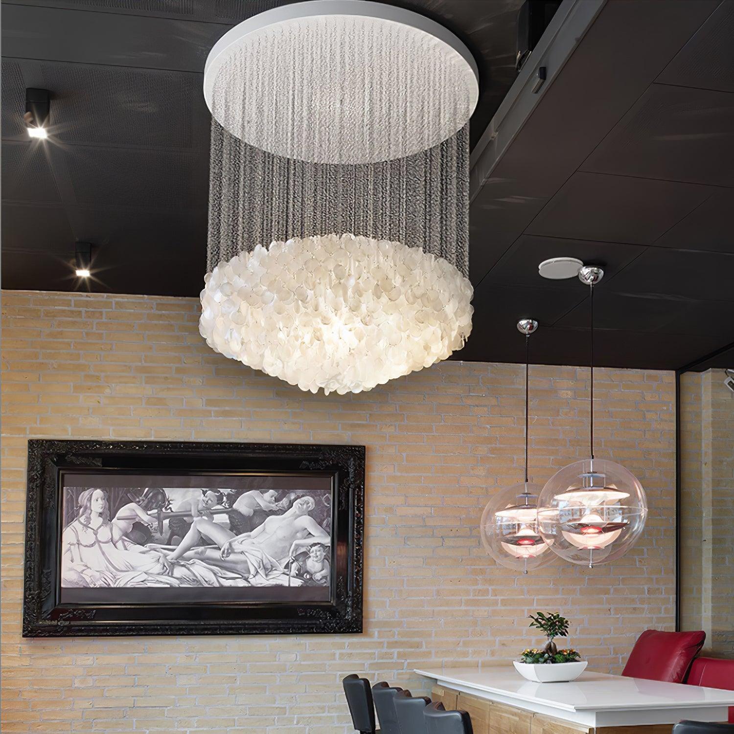 Elegant Coastal Shell Waterfall Chandelier with Cascading White Shell Discs for High Ceiling Spaces