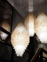 Elegant Coastal Shell Waterfall Chandelier with Cascading White Shell Discs for High Ceiling Spaces
