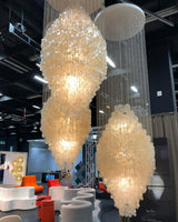 Elegant Coastal Shell Waterfall Chandelier with Cascading White Shell Discs for High Ceiling Spaces