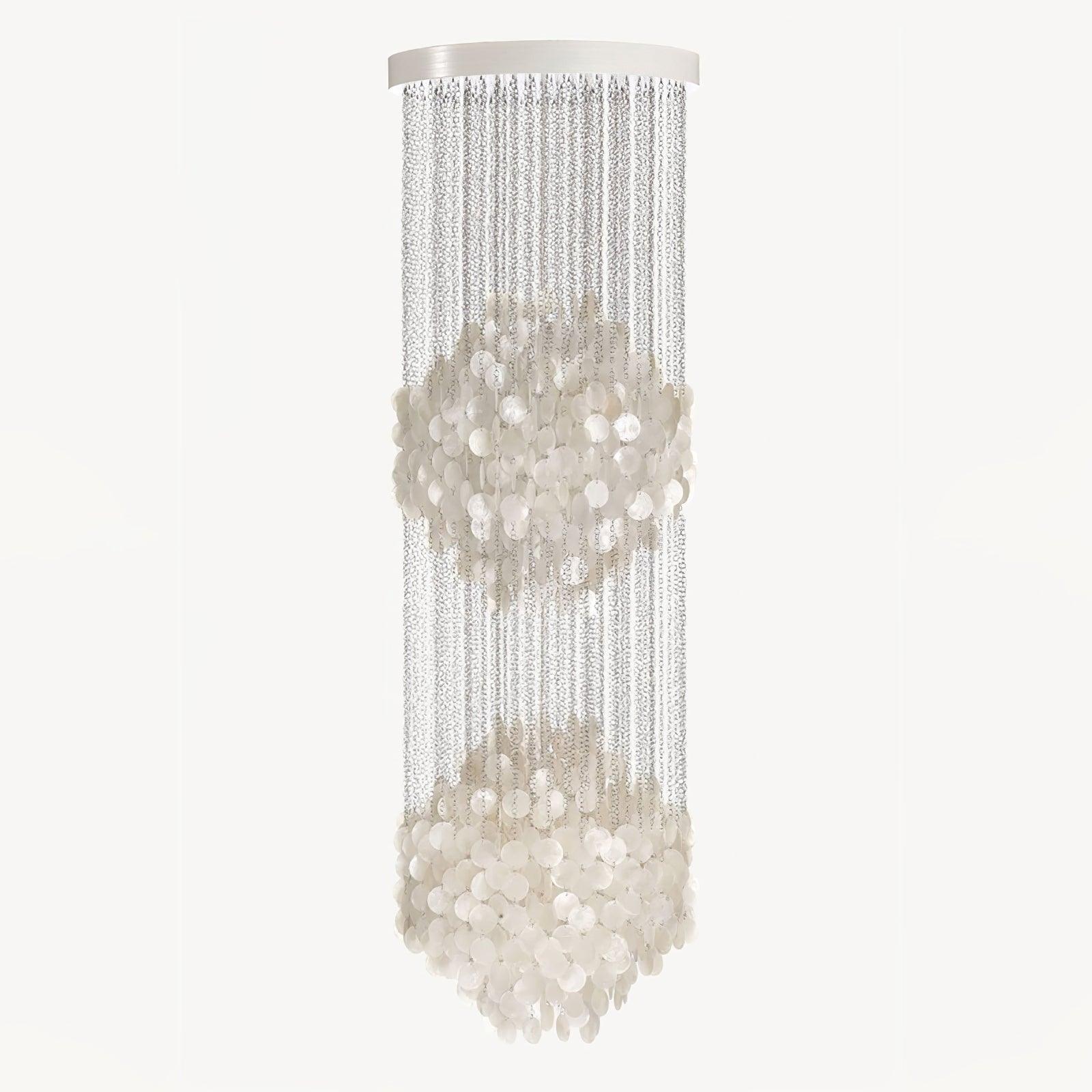 Elegant Coastal Shell Waterfall Chandelier with Cascading White Shell Discs for High Ceiling Spaces