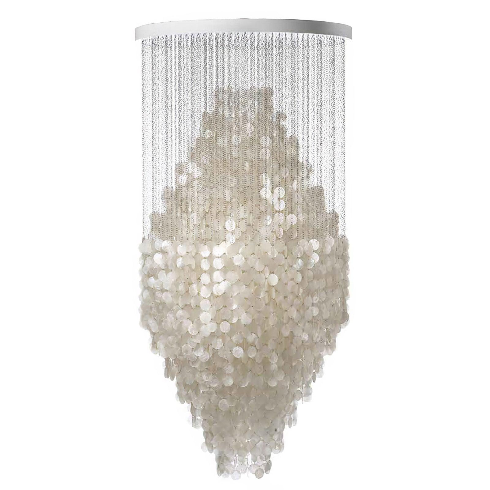 Elegant Coastal Shell Waterfall Chandelier with Cascading White Shell Discs for High Ceiling Spaces