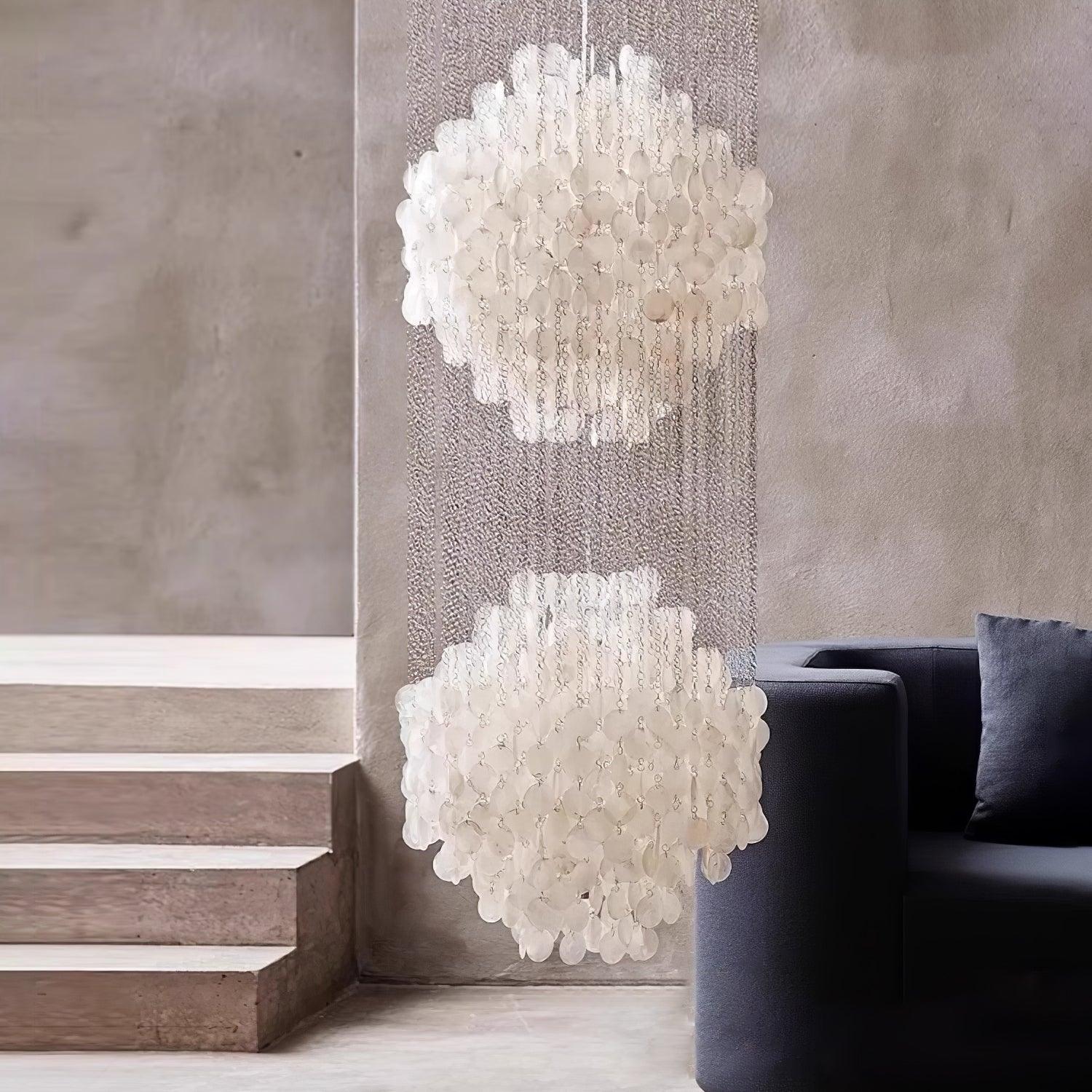 Elegant Coastal Shell Waterfall Chandelier with Cascading White Shell Discs for High Ceiling Spaces