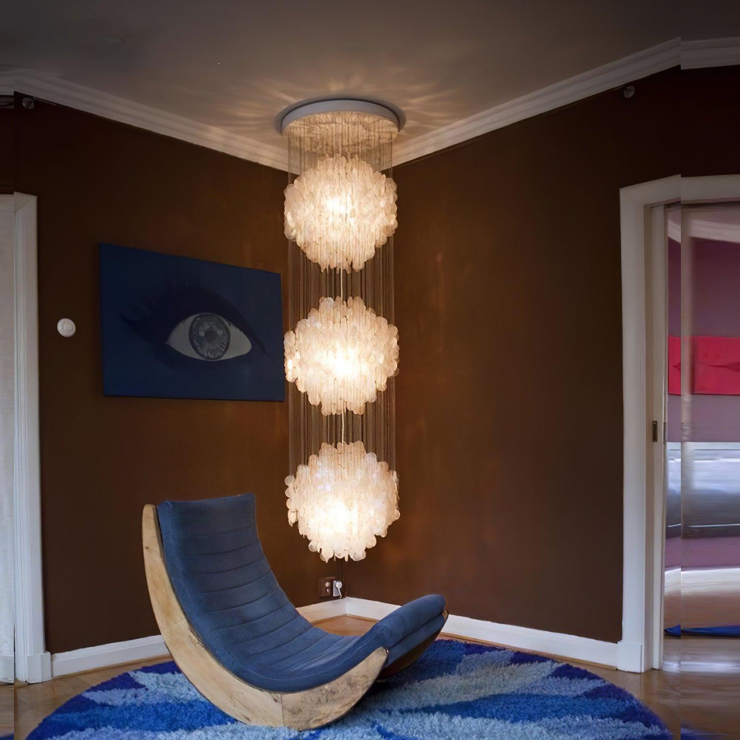 Elegant Coastal Shell Waterfall Chandelier with Cascading White Shell Discs for High Ceiling Spaces