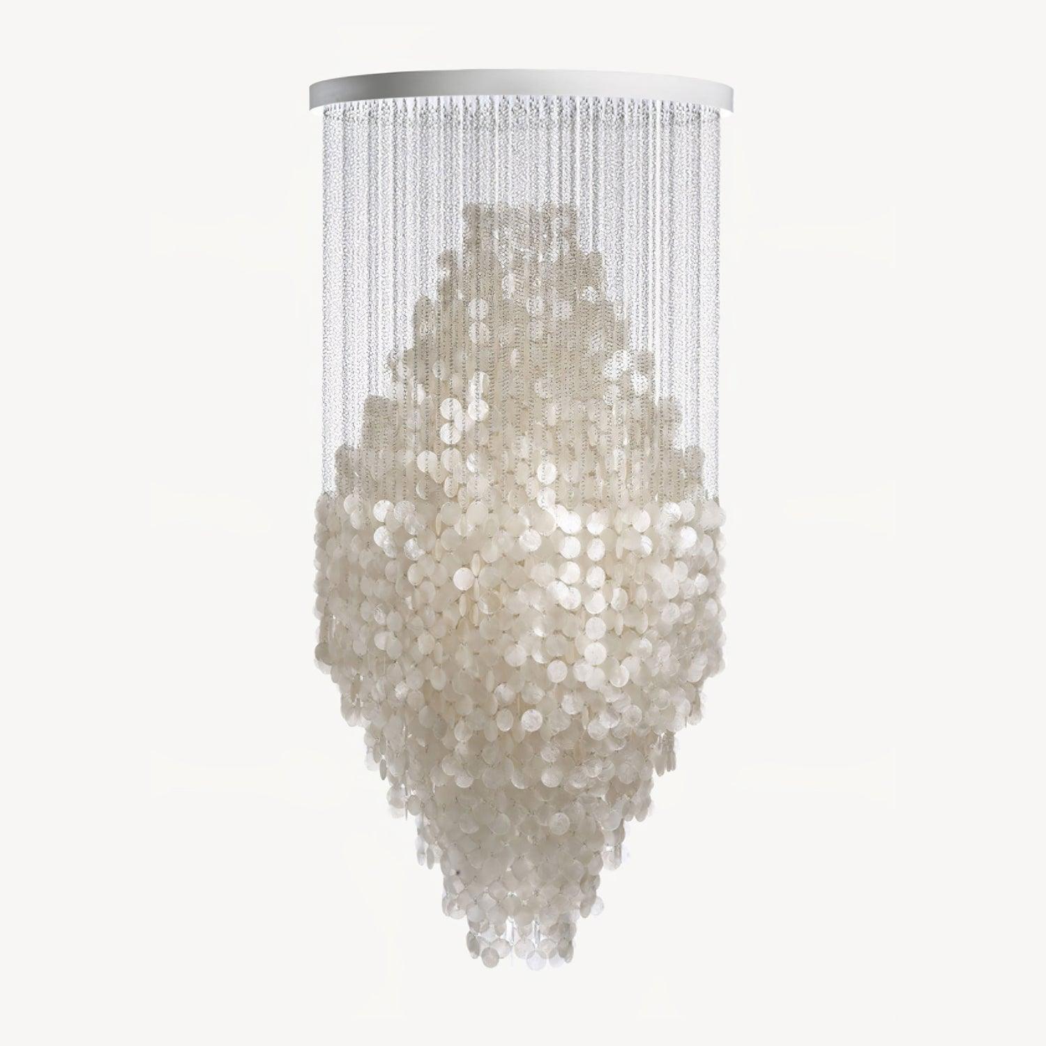 Elegant Coastal Shell Waterfall Chandelier with Cascading White Shell Discs for High Ceiling Spaces