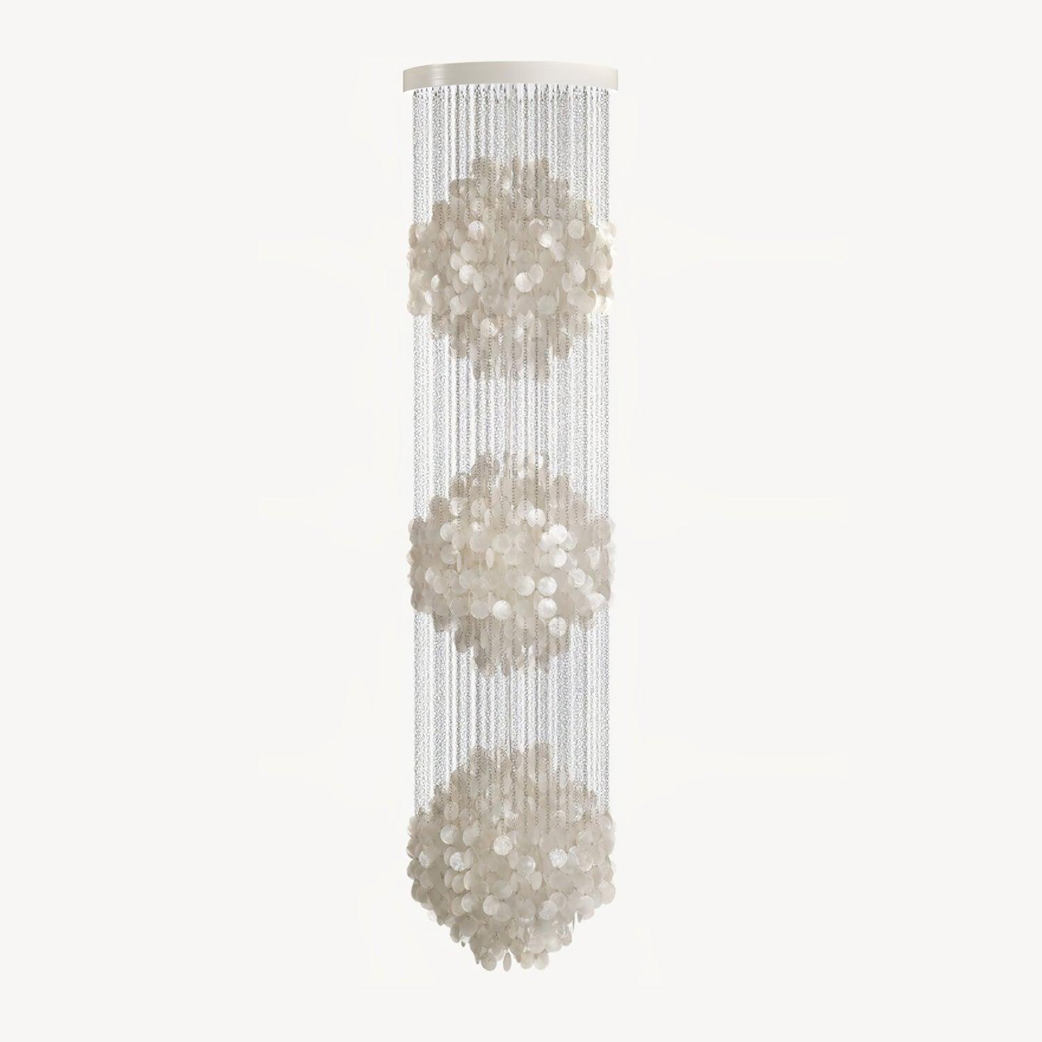 Elegant Coastal Shell Waterfall Chandelier with Cascading White Shell Discs for High Ceiling Spaces