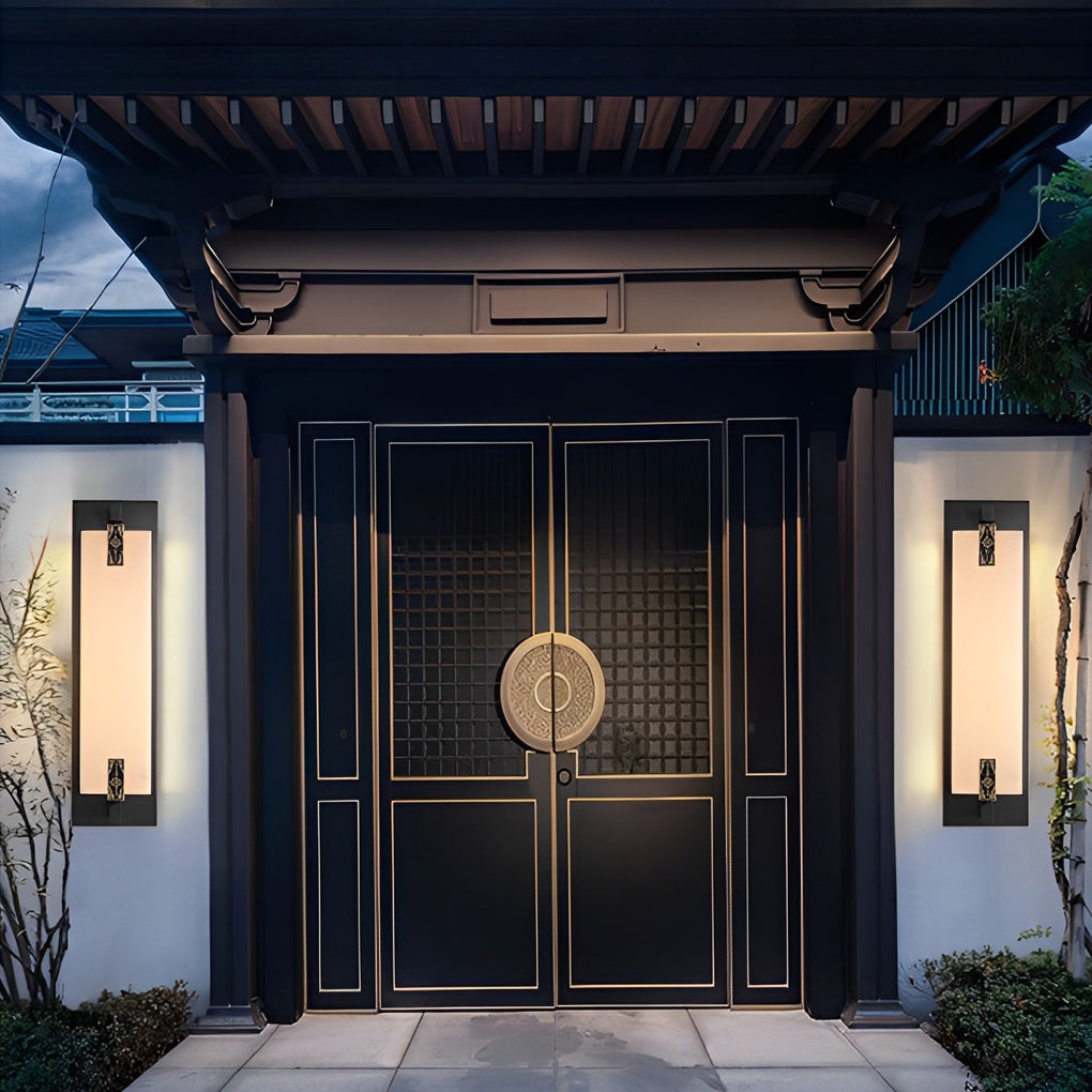 Elegant Copper Exterior Wall Sconce with Natural Marble Shade LED Waterproof Outdoor Lantern