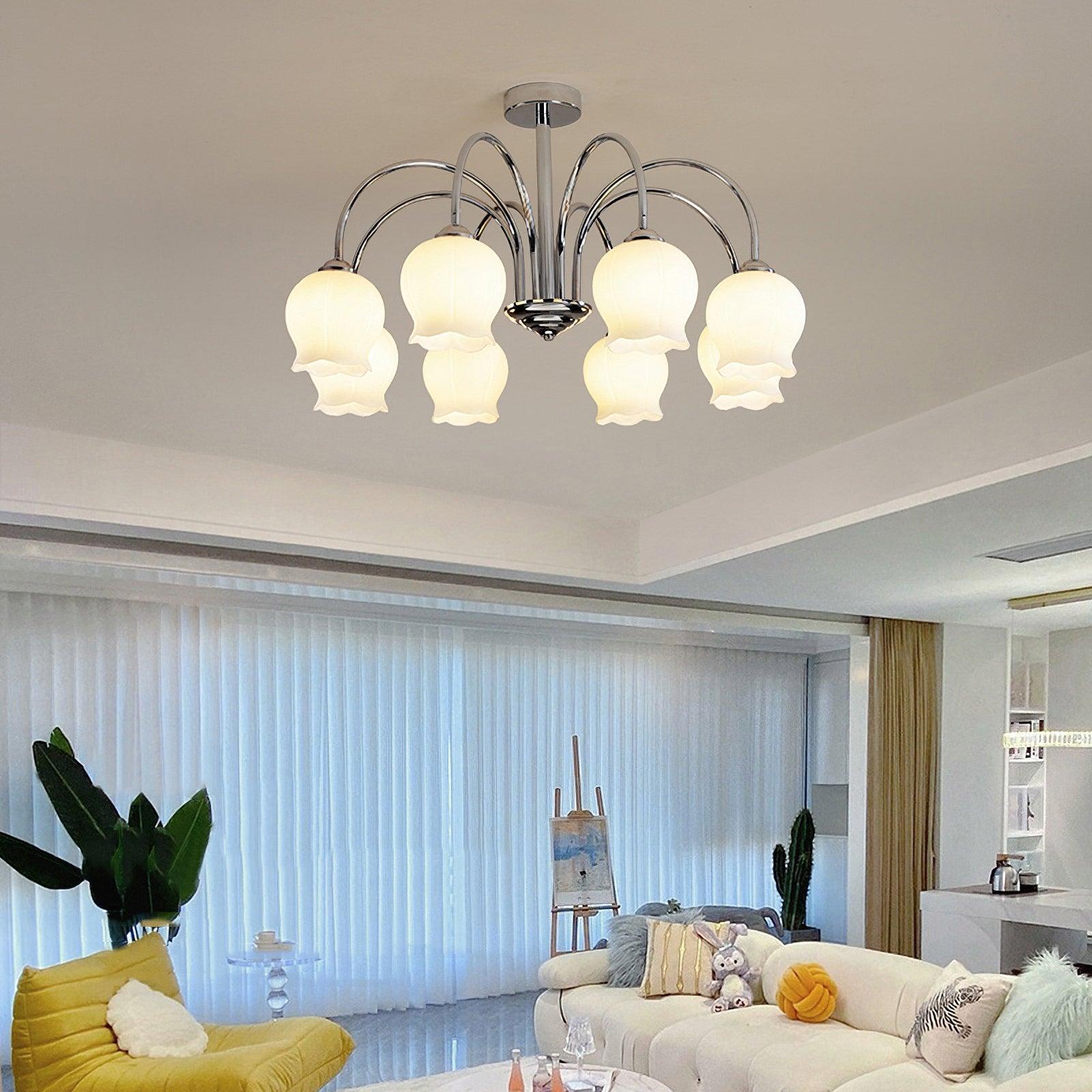 Elegant Country Floral Glass Candelabrum Chandelier in White and Chrome Finish