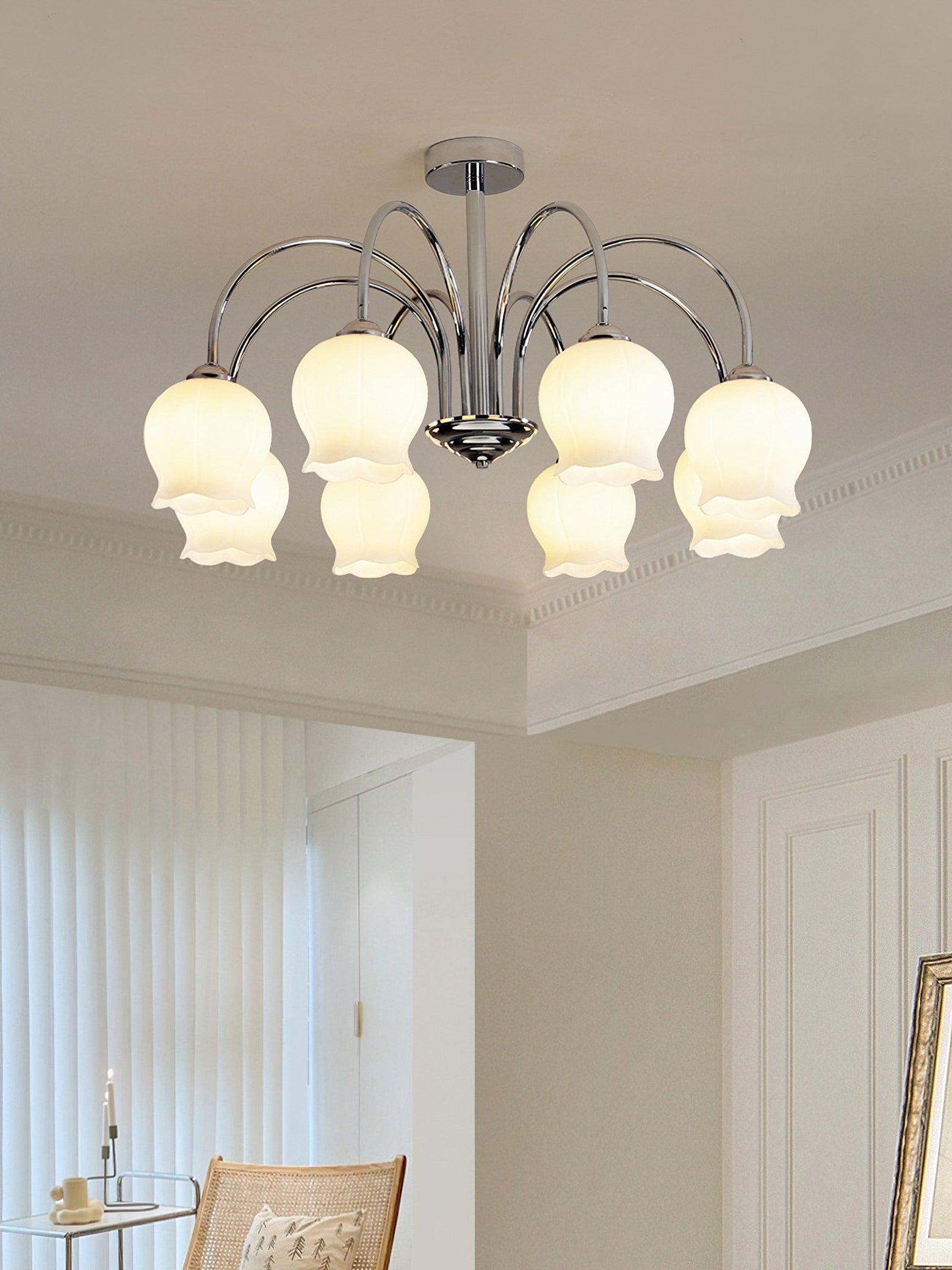 Elegant Country Floral Glass Candelabrum Chandelier in White and Chrome Finish
