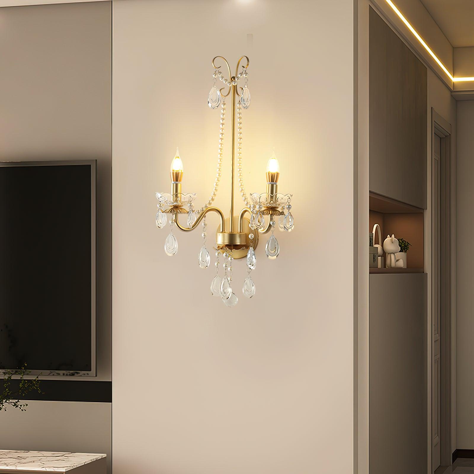 Elegant Crystal Pearl Chain Wall Sconce Decorative Indoor Lighting for Bedroom and Living Room