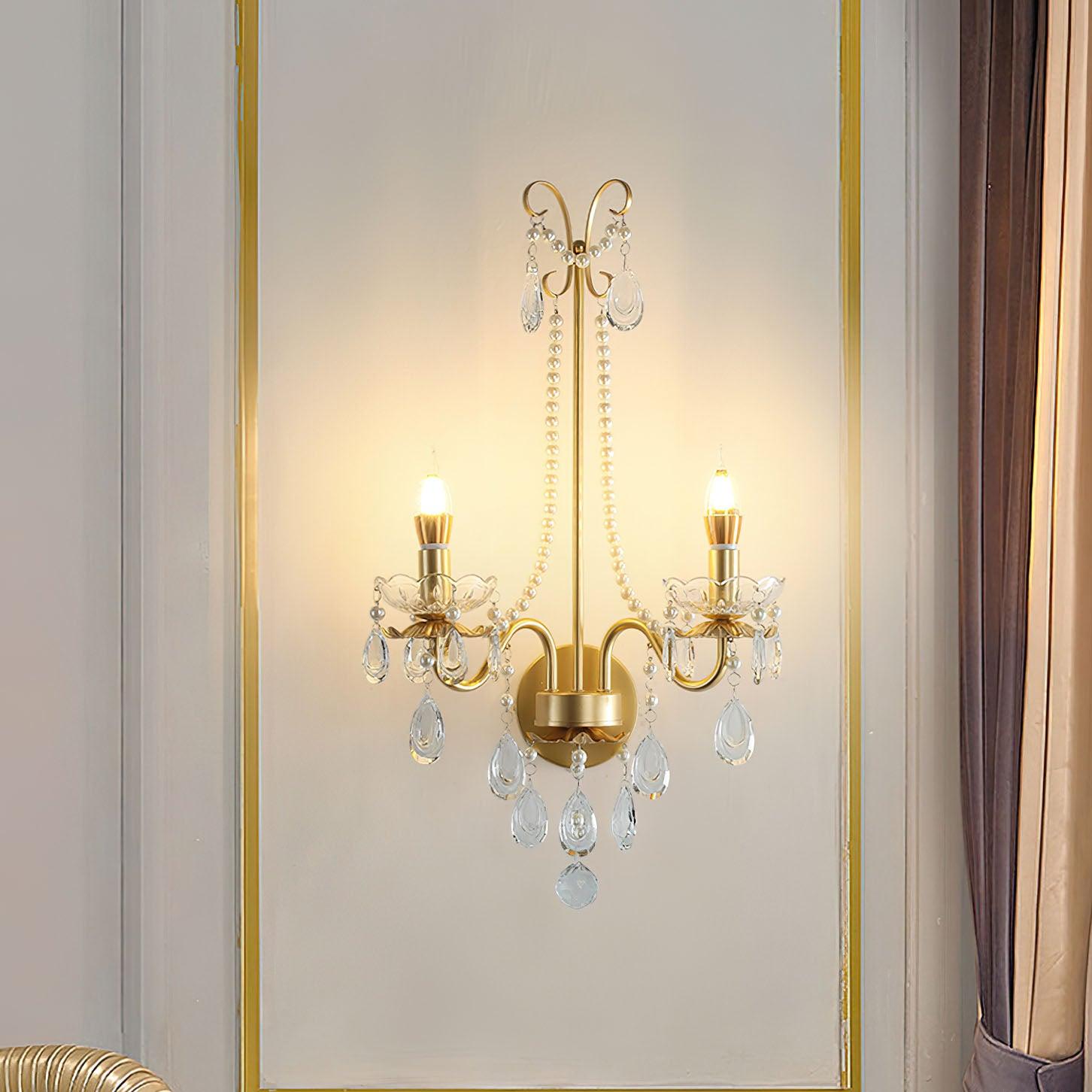 Elegant Crystal Pearl Chain Wall Sconce Decorative Indoor Lighting for Bedroom and Living Room