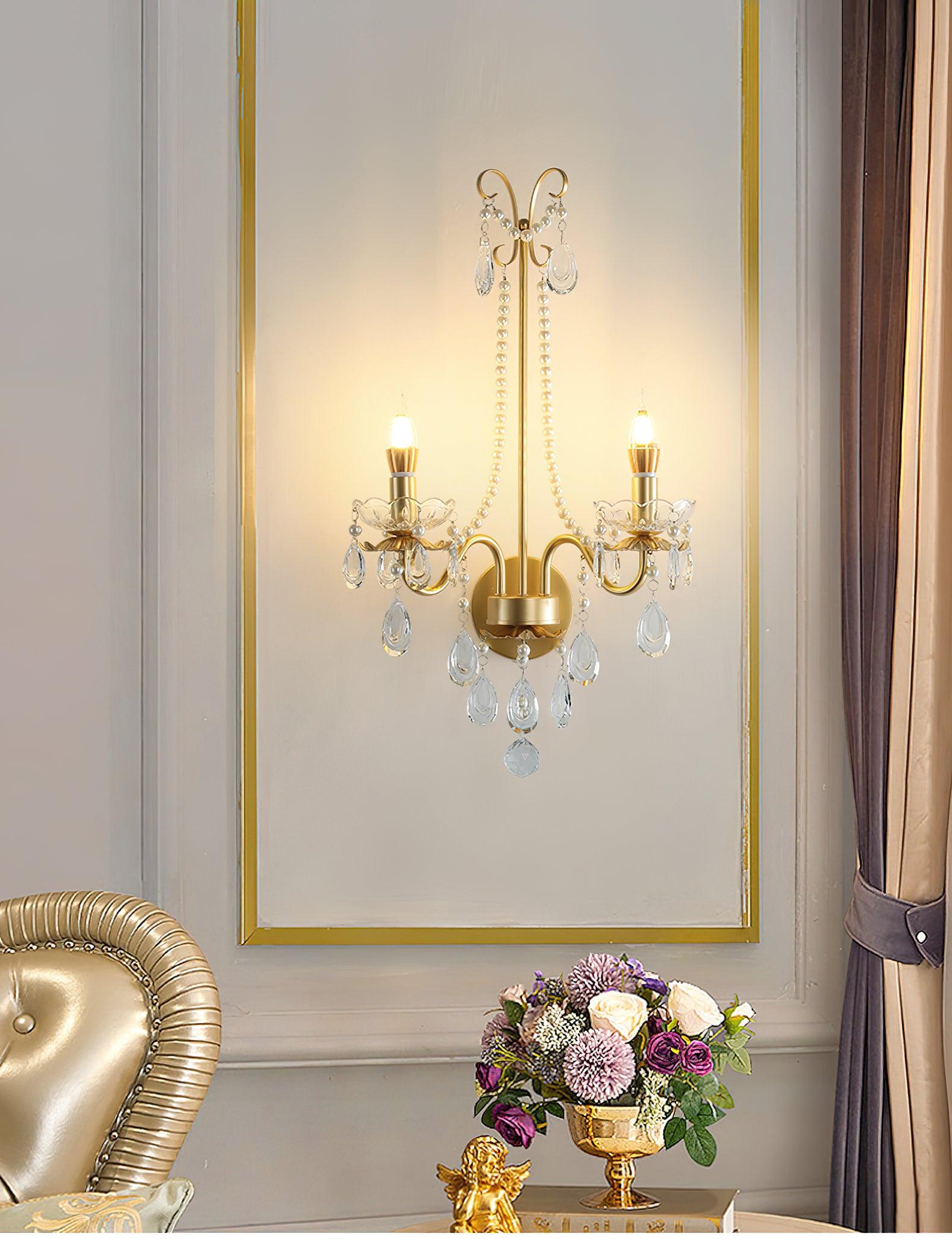 Elegant Crystal Pearl Chain Wall Sconce Decorative Indoor Lighting for Bedroom and Living Room