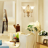 Elegant European Style 2 Light Crystal Glass Wall Sconce with Floral Accents and 3 Color Dimming