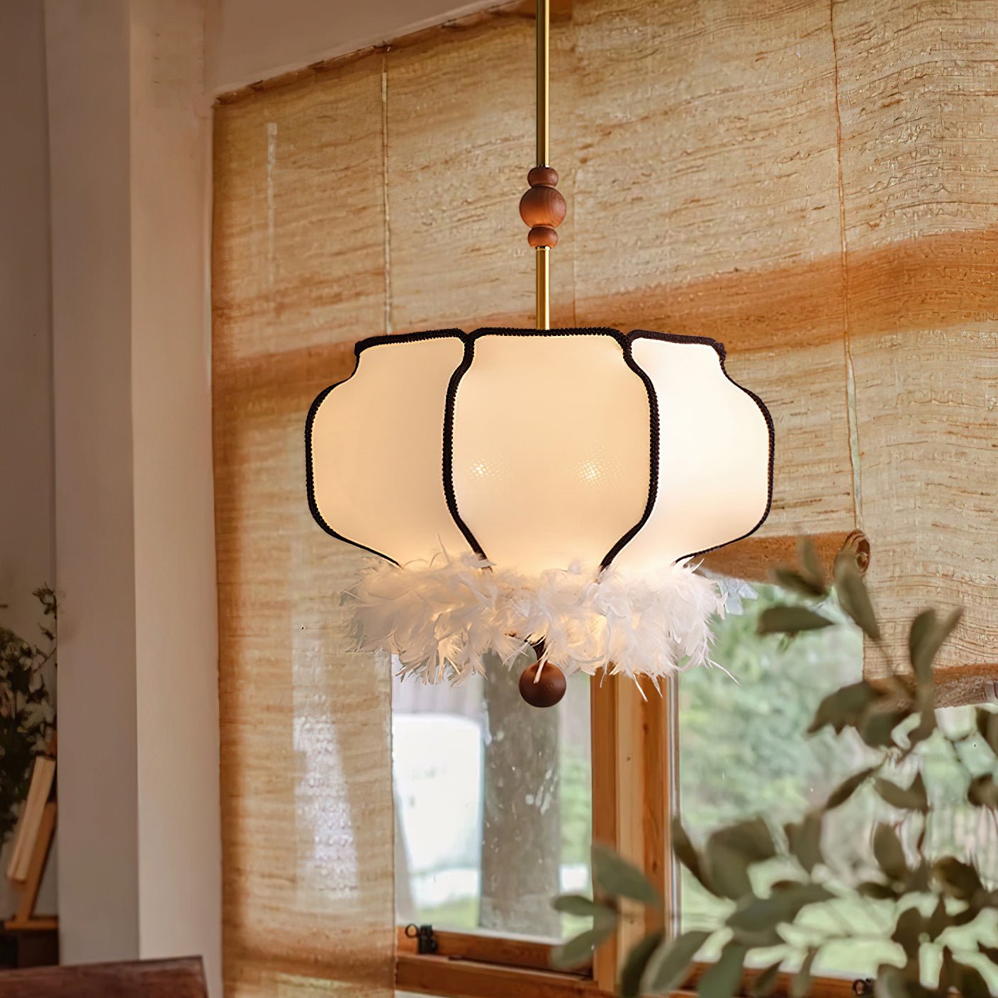 Elegant Feathered Lantern Pendant Light with Organic Curves and Walnut Finish