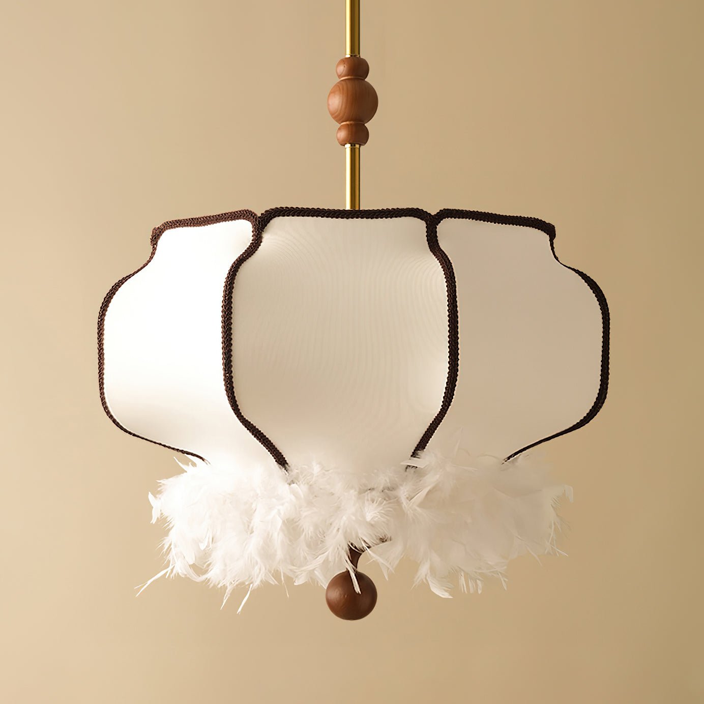 Elegant Feathered Lantern Pendant Light with Organic Curves and Walnut Finish