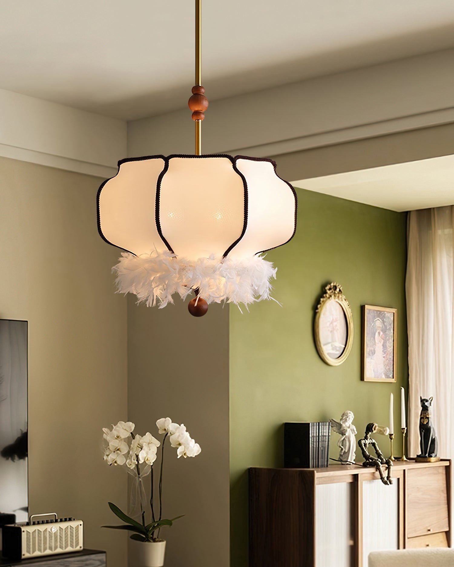 Elegant Feathered Lantern Pendant Light with Organic Curves and Walnut Finish