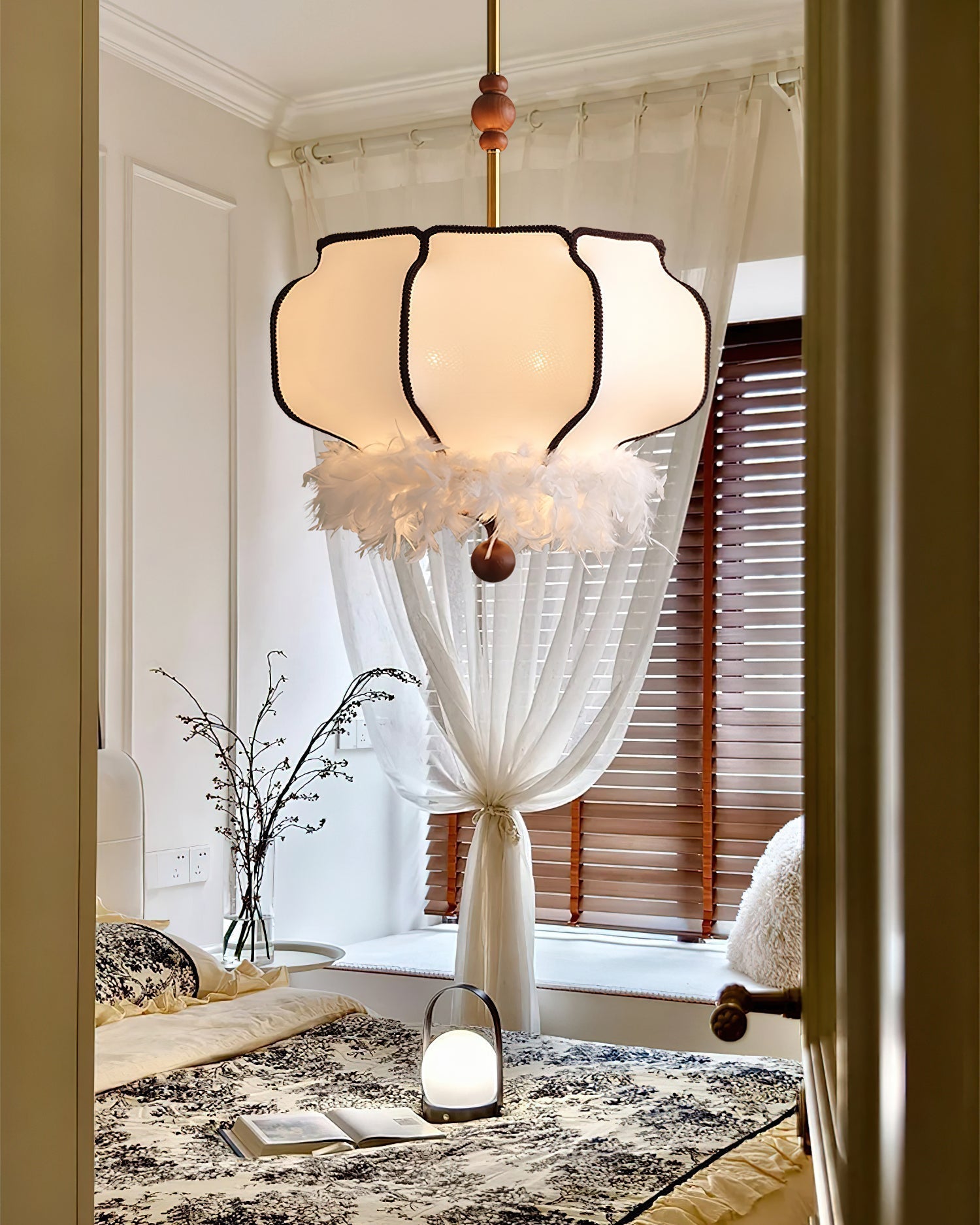 Elegant Feathered Lantern Pendant Light with Organic Curves and Walnut Finish