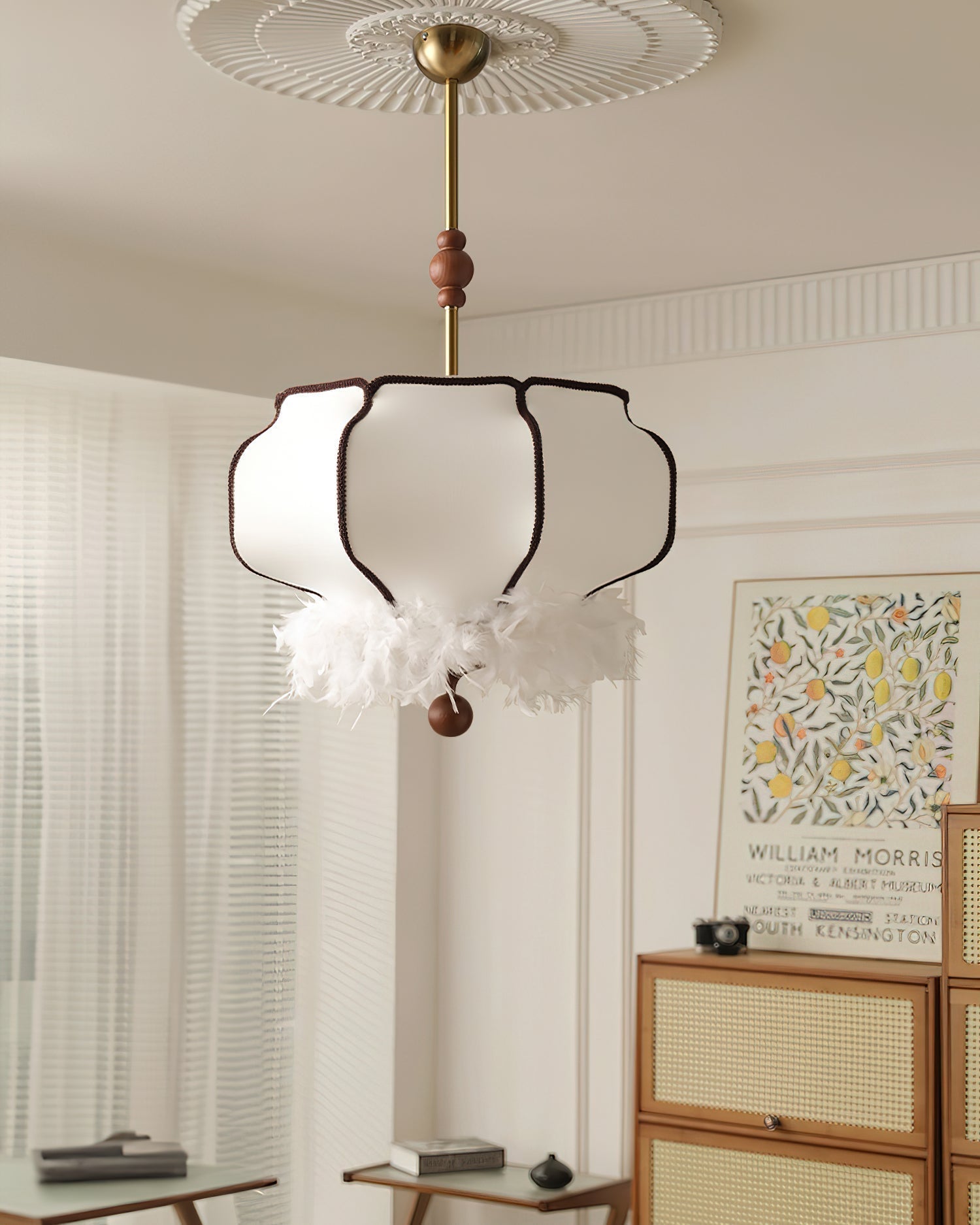 Elegant Feathered Lantern Pendant Light with Organic Curves and Walnut Finish