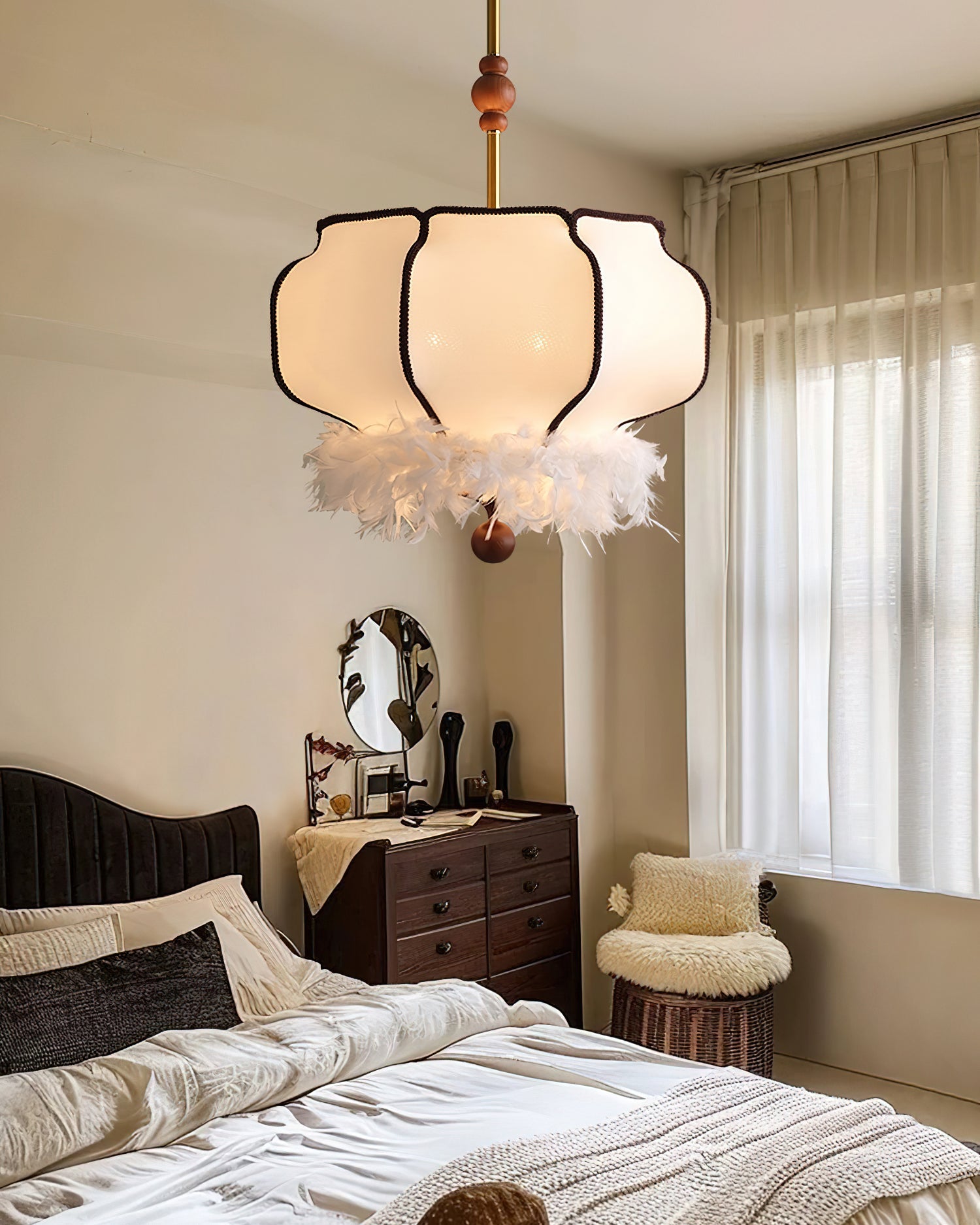 Elegant Feathered Lantern Pendant Light with Organic Curves and Walnut Finish
