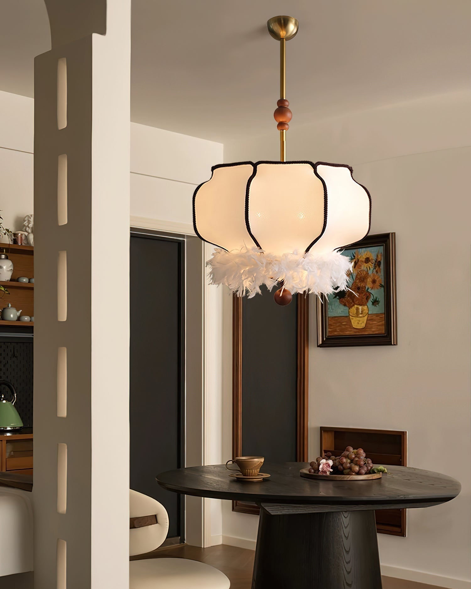 Elegant Feathered Lantern Pendant Light with Organic Curves and Walnut Finish
