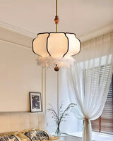 Elegant Feathered Lantern Pendant Light with Organic Curves and Walnut Finish