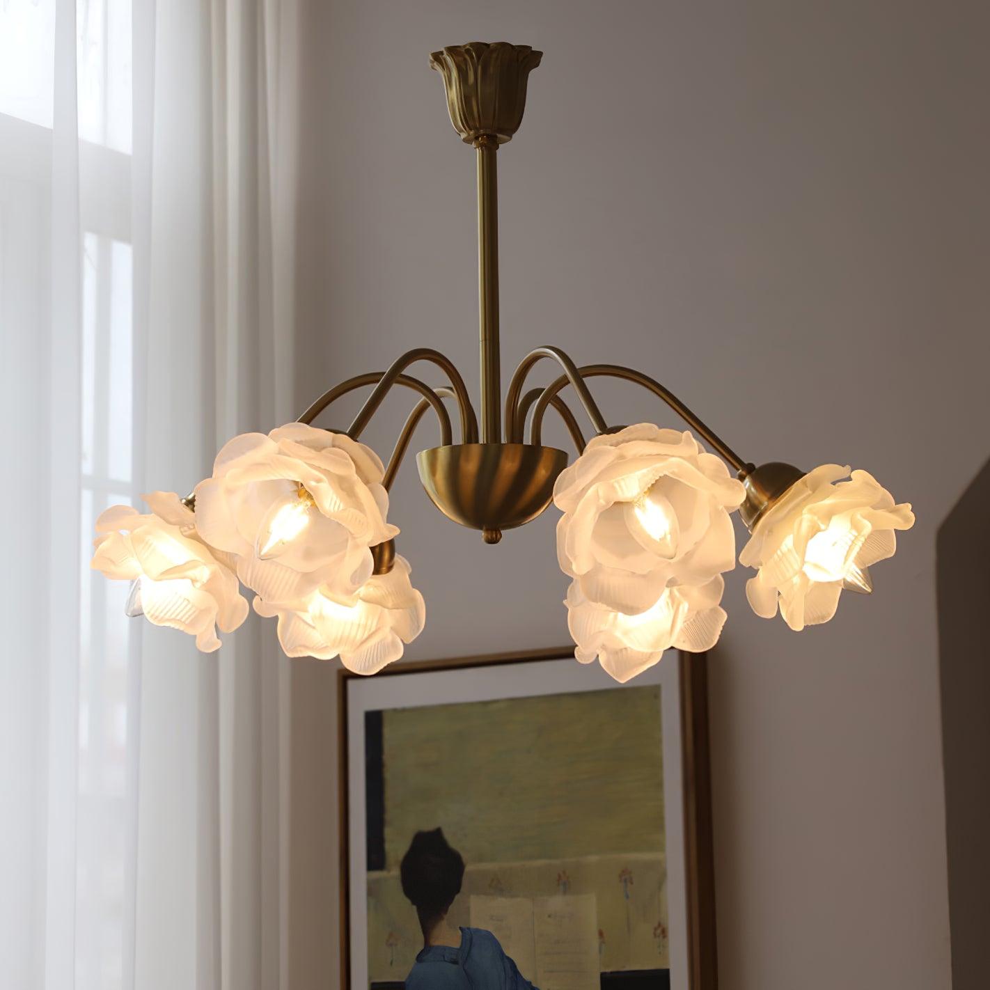 Elegant Floral Rose Glass and Copper Chandelier Ceiling Light for Interior Living Spaces